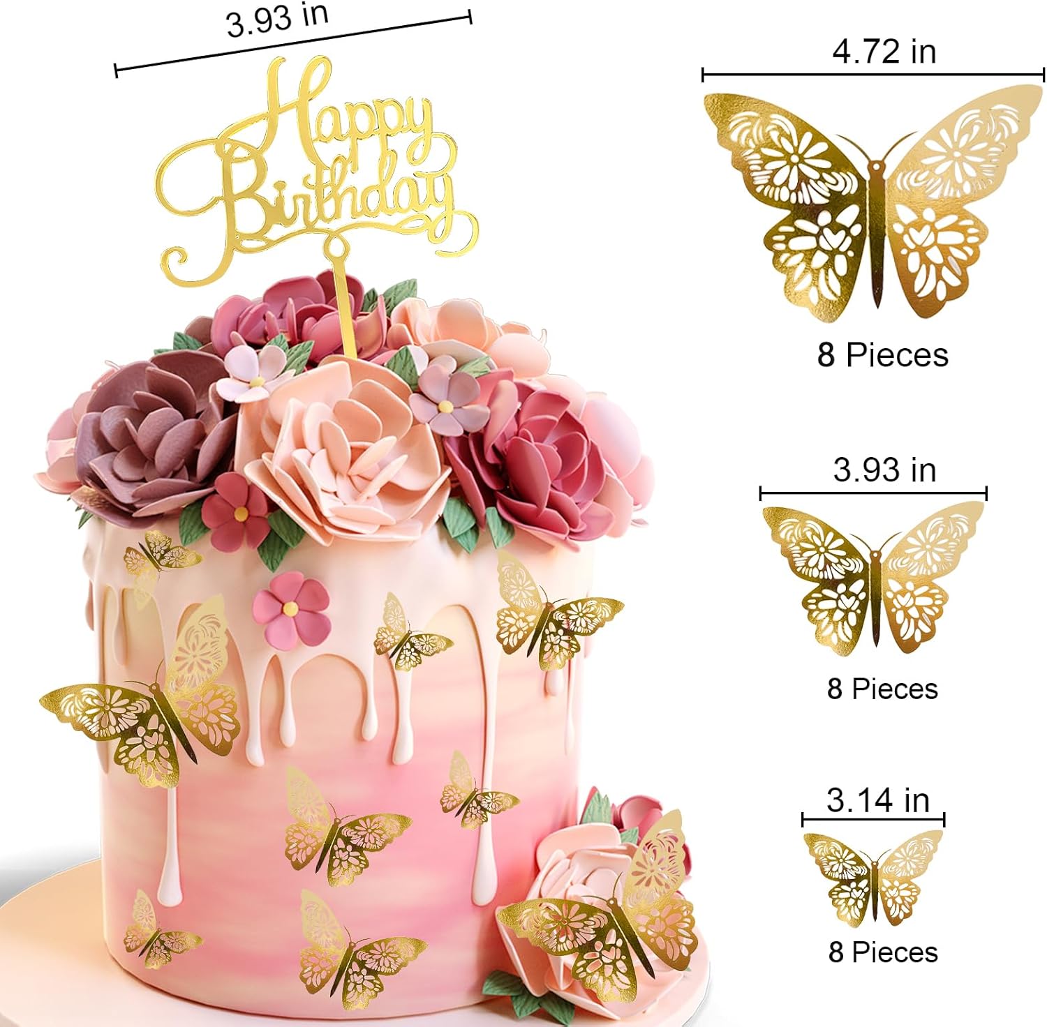 24Pcs Gold Butterfly Cake Decorations with Birthday Sign