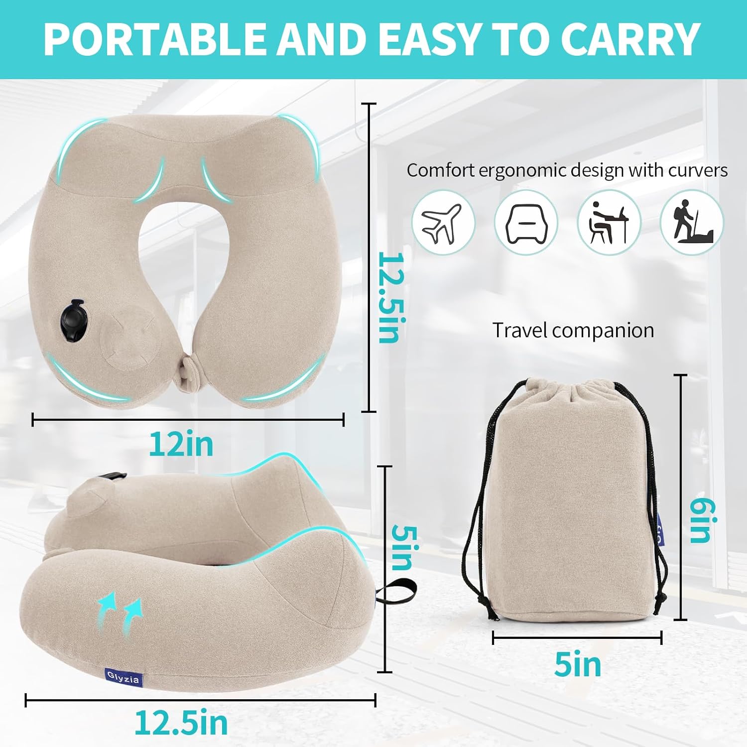 Glyzia Inflatable Neck Pillow with Eye Mask and Earplugs