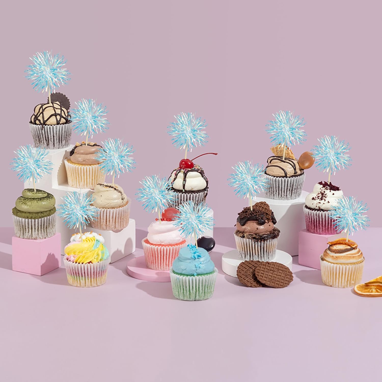 Gyufise 30Pcs Foil Firework Cupcake Toppers with Tinsel