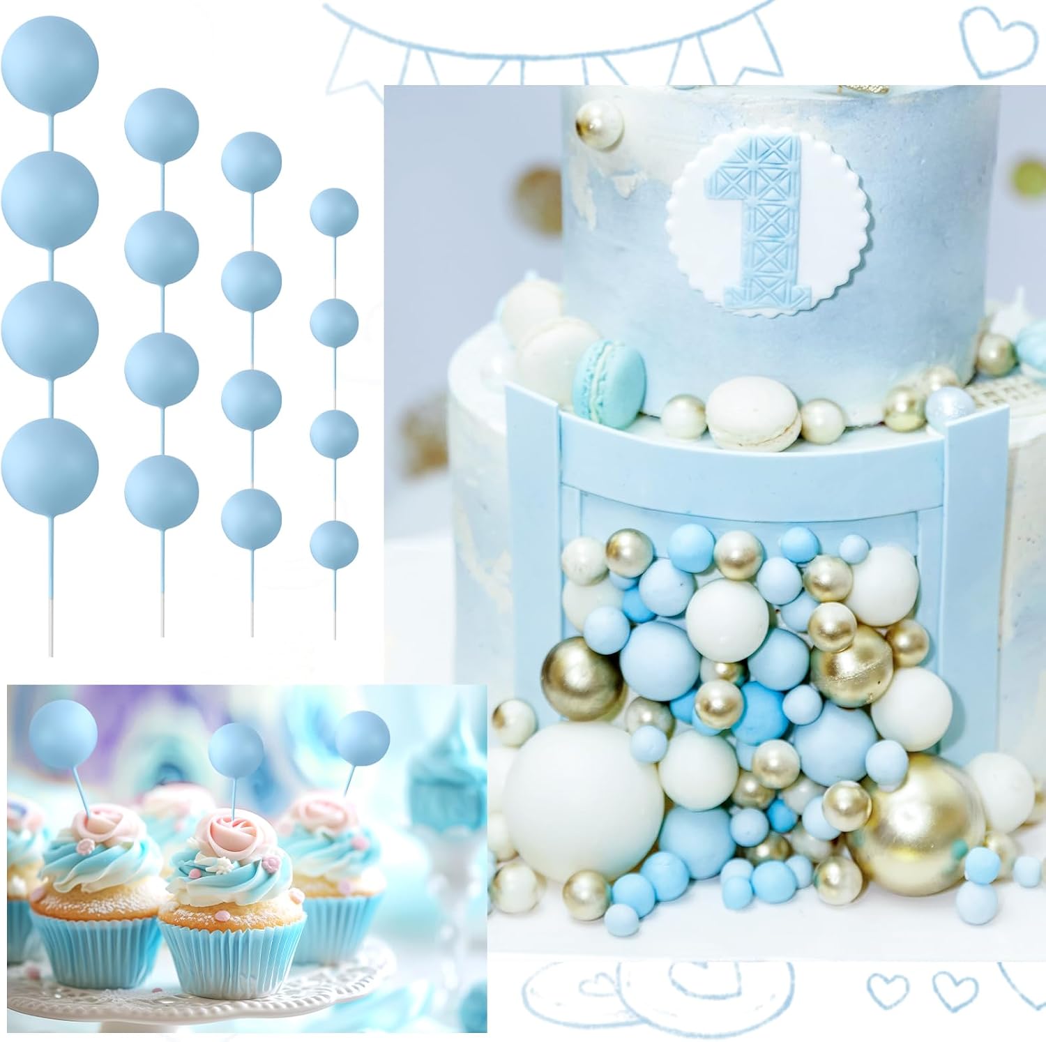 48 Pcs Light Blue Foam Cake Topper Decorations