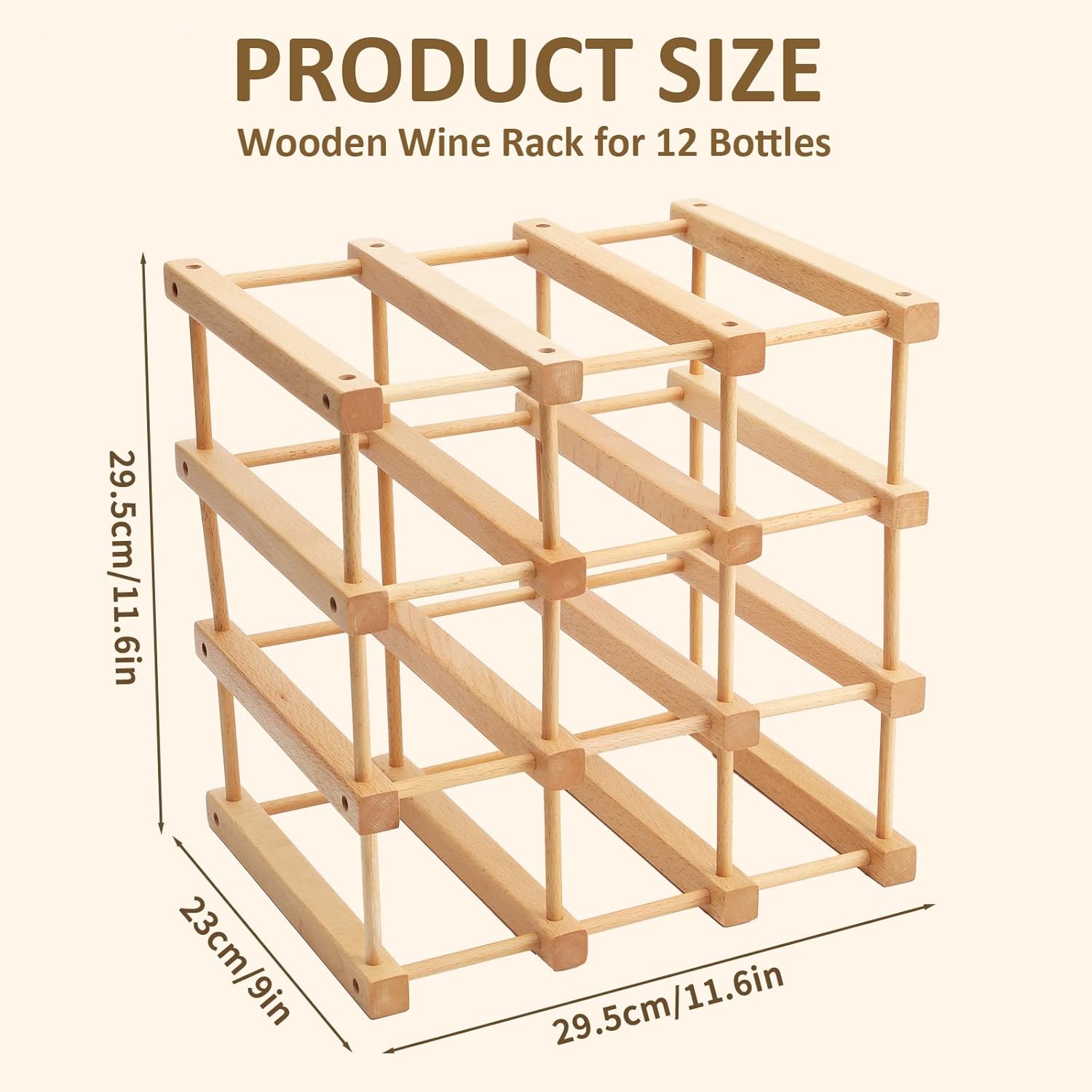 12-Bottle Wooden Wine Rack for Countertop and Cabinet
