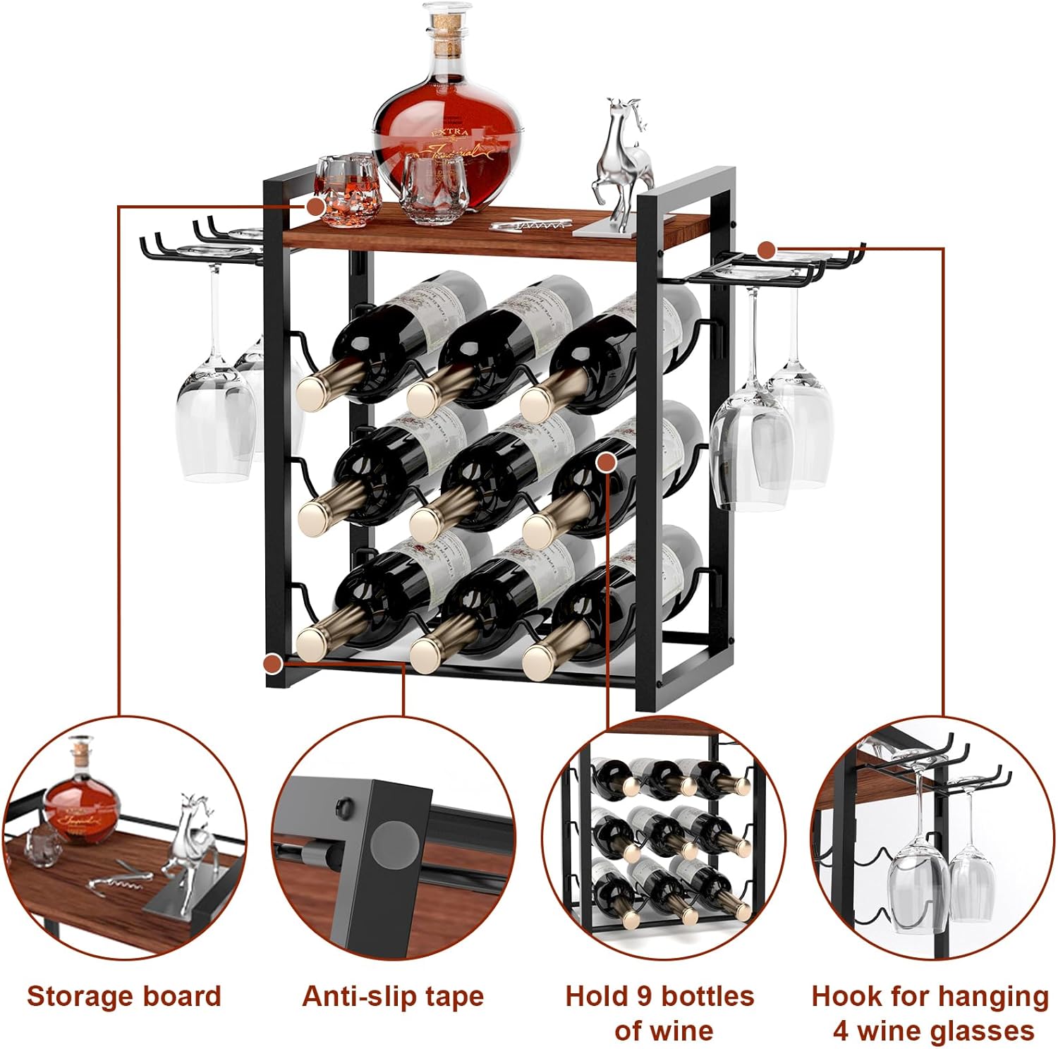 Nanagiftree Wooden Wine Rack with Tray Holds 9 Bottles 4 Glasses