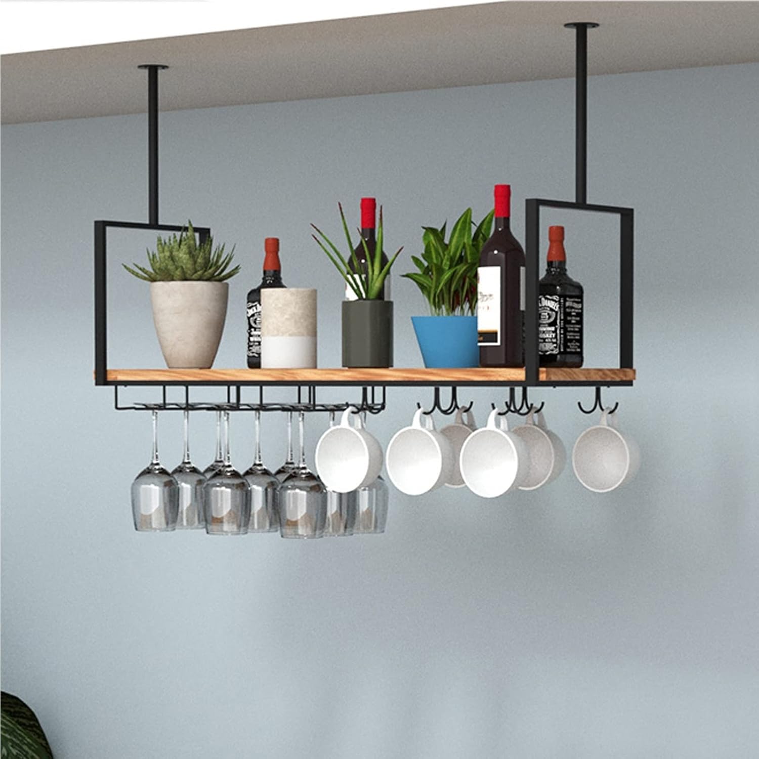 Ceiling Hanging Shelf Black Metal Wall Mount Wine Rack