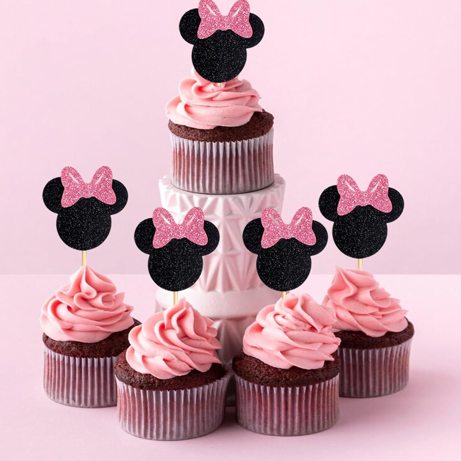 25Pcs Glitter Mouse Cupcake Toppers with Bow