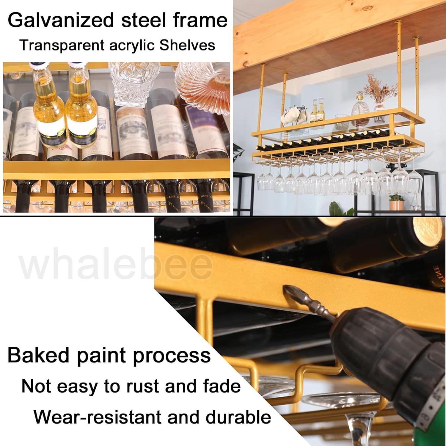 Whalebee Metal Ceiling Wine Rack with 3 Tiers Adjustable Holder