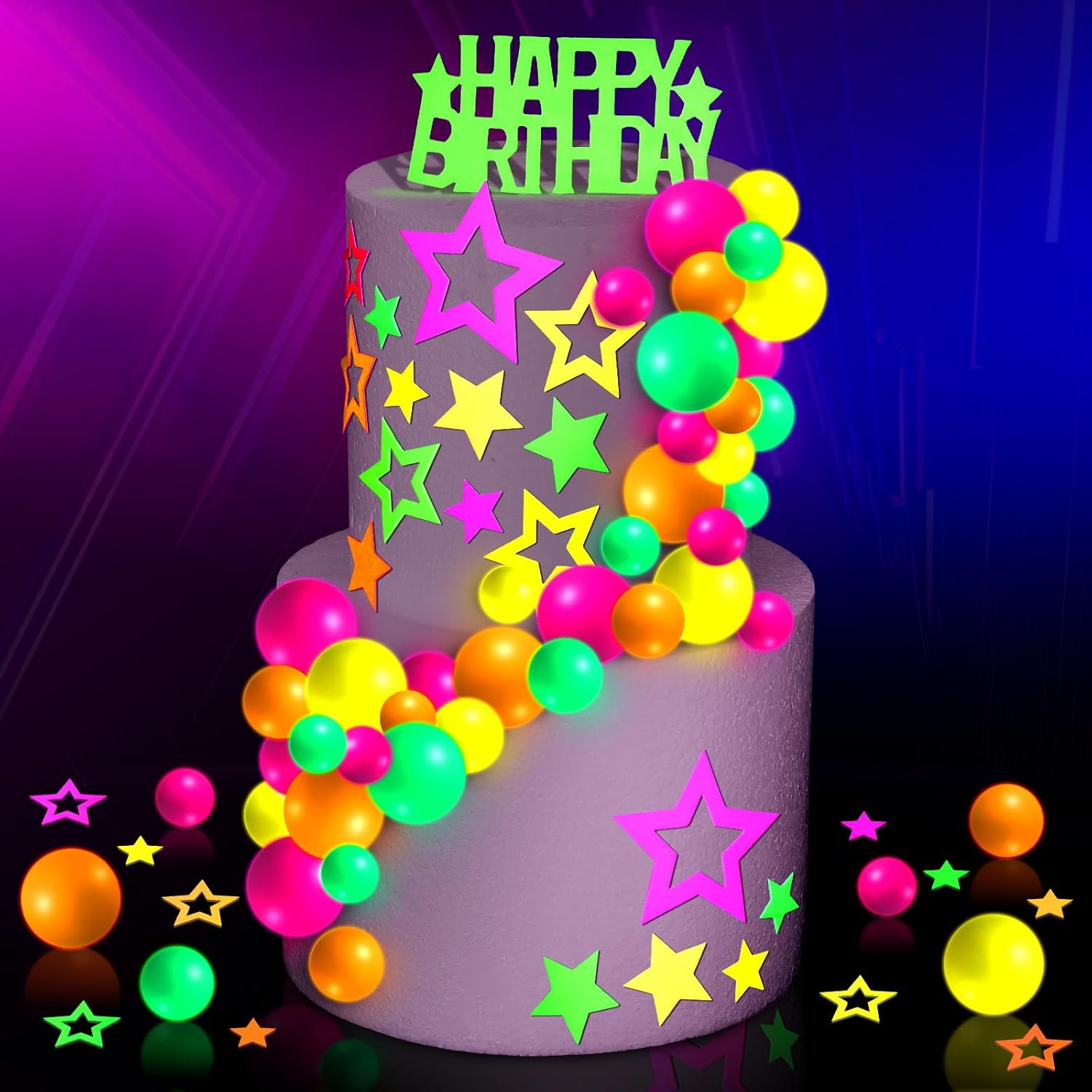 Wonderjune 57 Pcs Neon Glow Cake Toppers Decorations