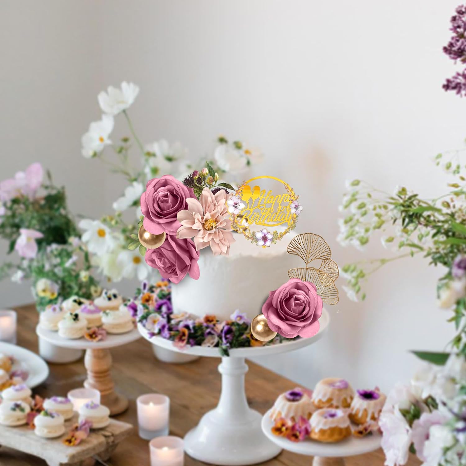 DRWATE Flower Cake Toppers Purple Rose and Ginkgo Leaf Set