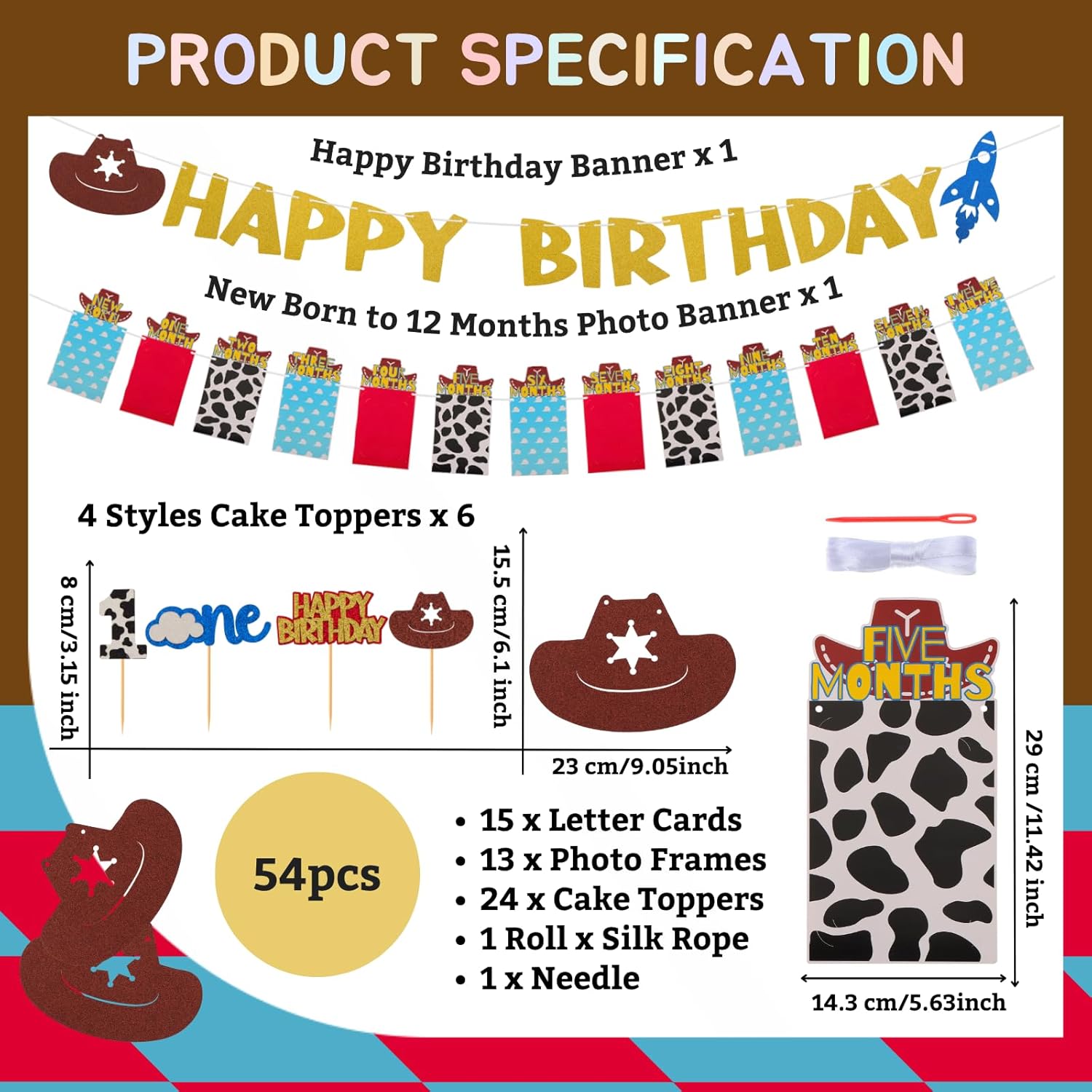 RANERVZ Western Cowboy Birthday Decorations with 24pcs Cake Toppers