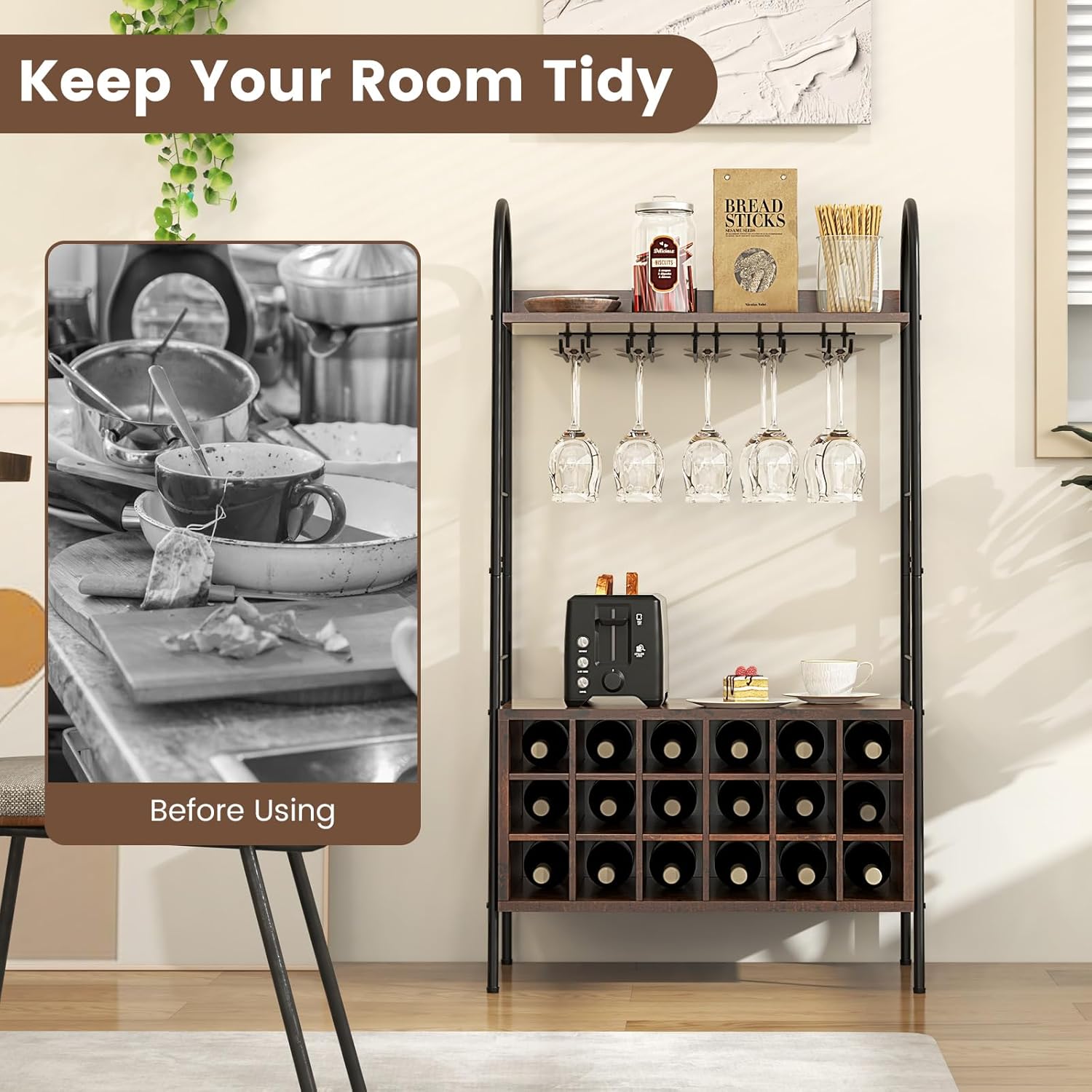 Giantex Freestanding Wine Rack with 15 Glasses Holder and 2 Storage Shelves