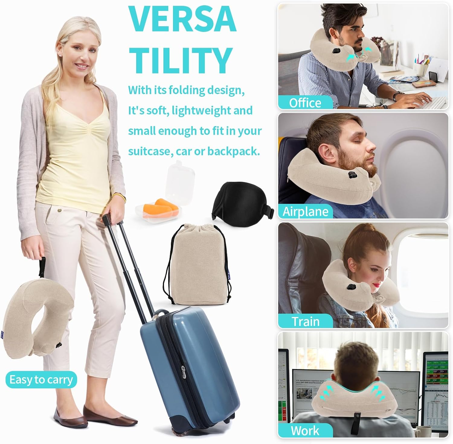 Glyzia Inflatable Neck Pillow with Eye Mask and Earplugs
