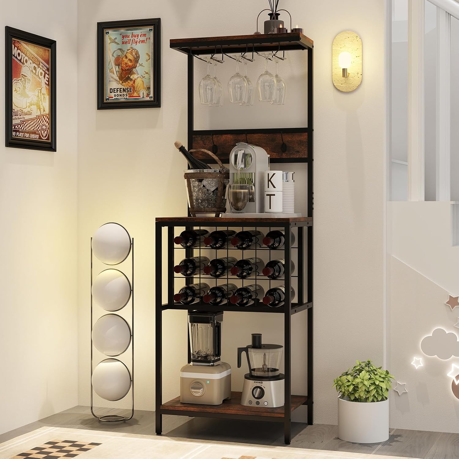 GOFLAME Freestanding Wine Rack with Glass Holders and Countertop