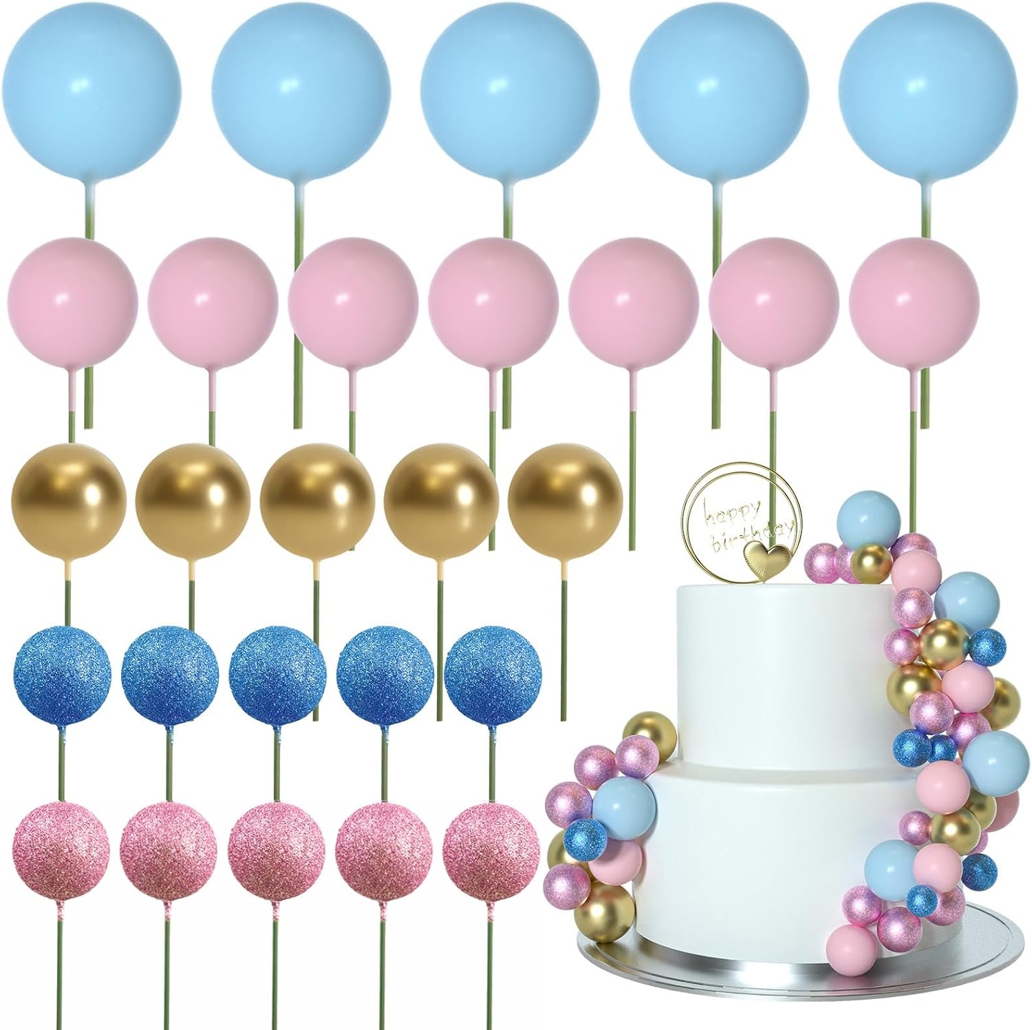 ASTARON 50 Pcs Mini Balloon Cake Topper Sticks Pink Blue Series