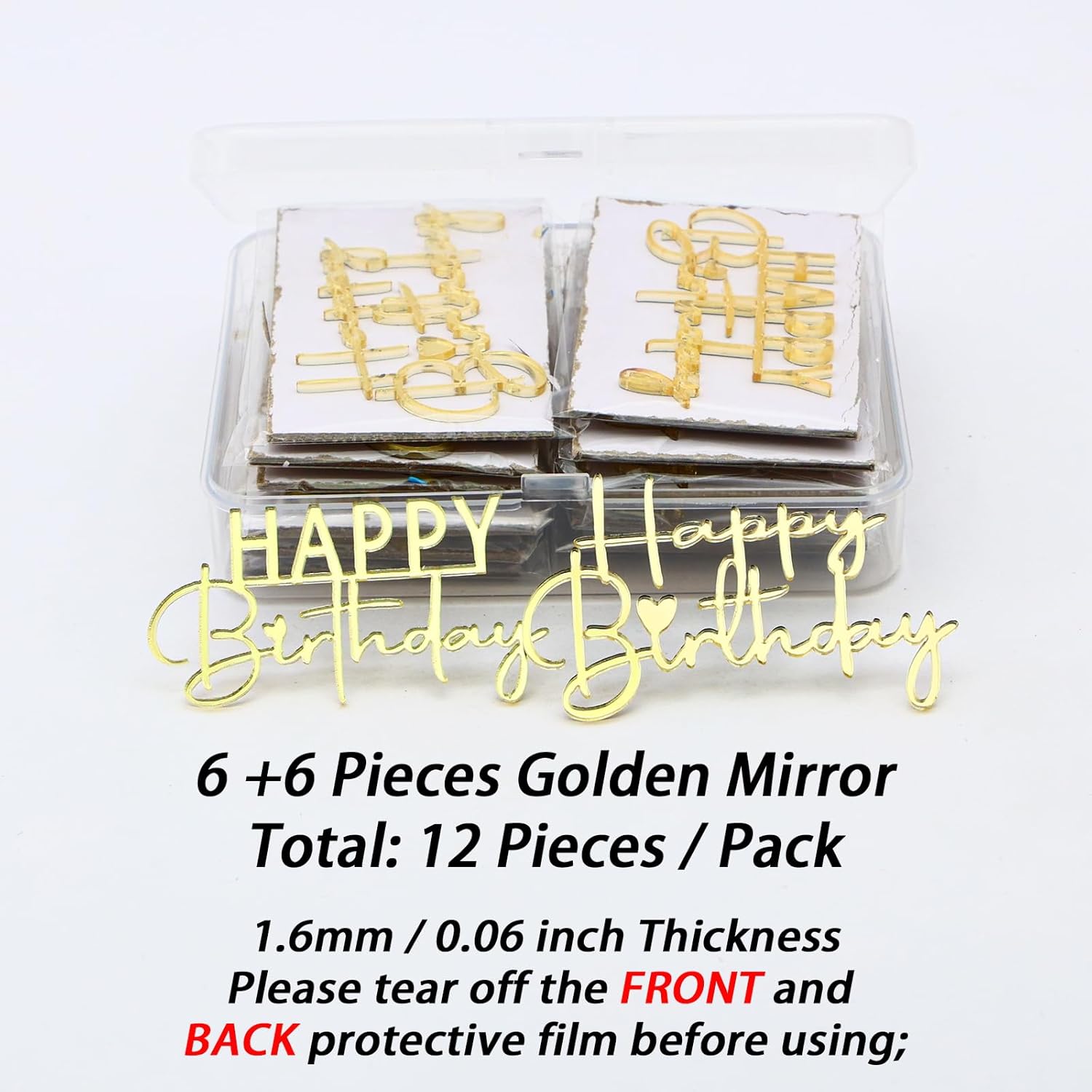 AiQi Bakes Happy Birthday Cake Toppers Gold Mirror Acrylic 12 Pack