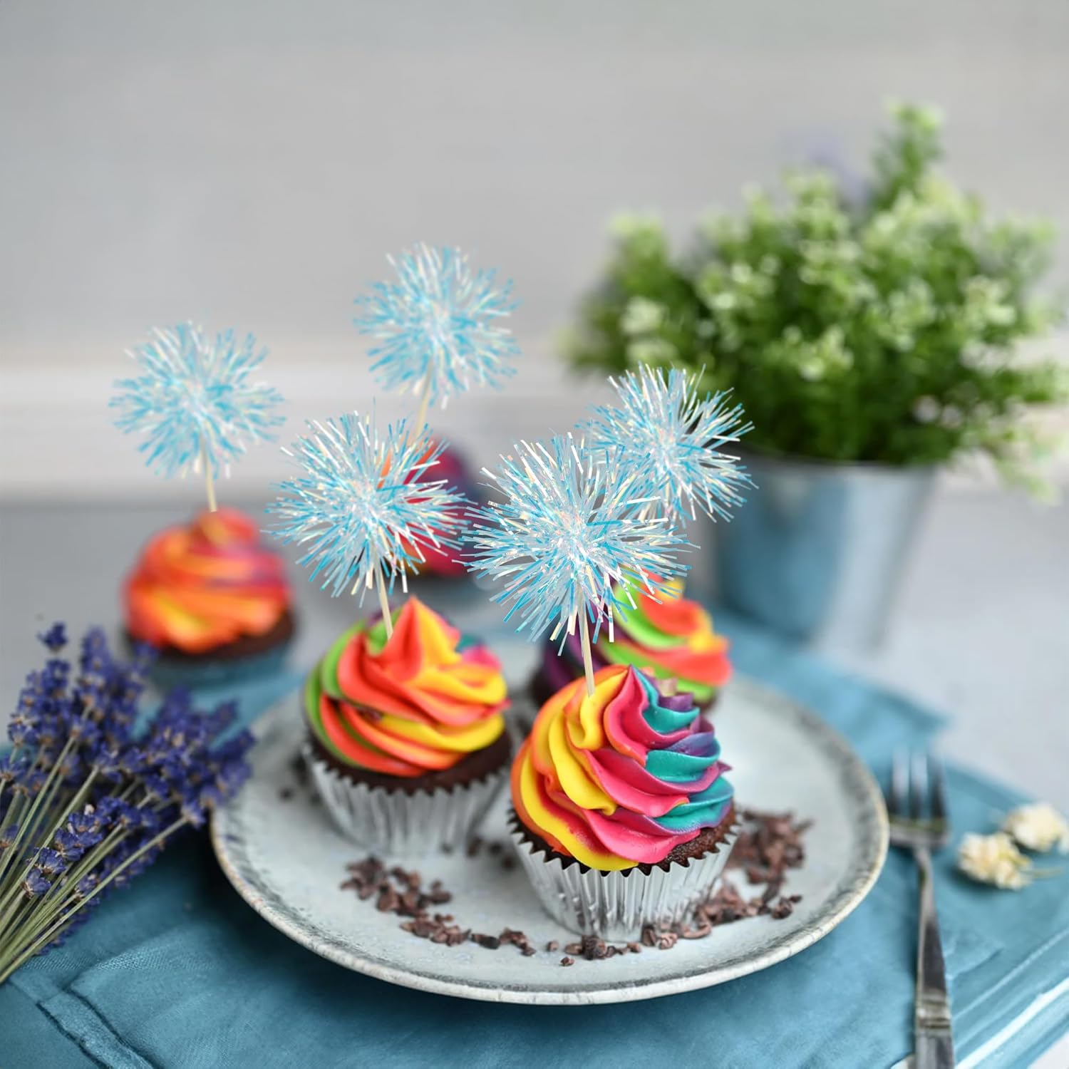 Gyufise 30Pcs Foil Firework Cupcake Toppers with Tinsel