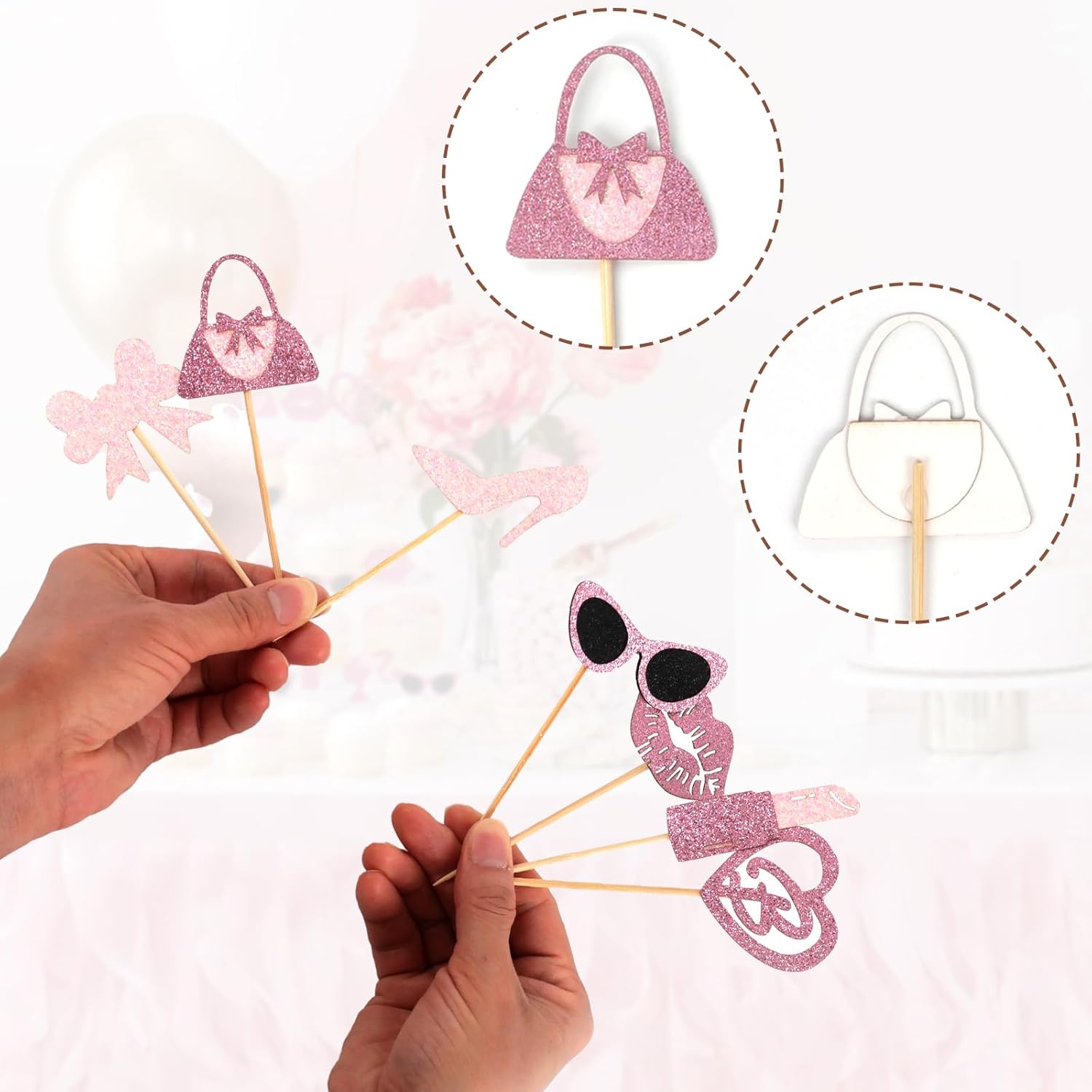 Biendo Glitter Pink Cupcake Toppers 32PCS Princess Theme Decorations