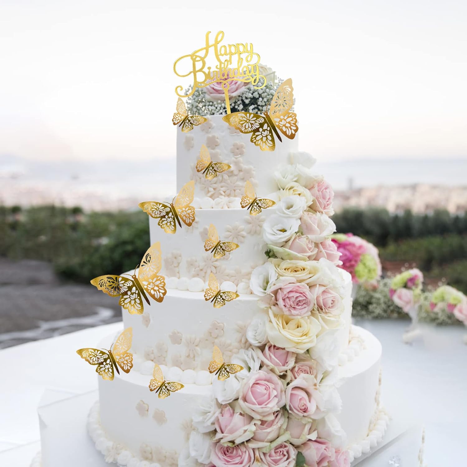 24Pcs Gold Butterfly Cake Decorations with Birthday Sign
