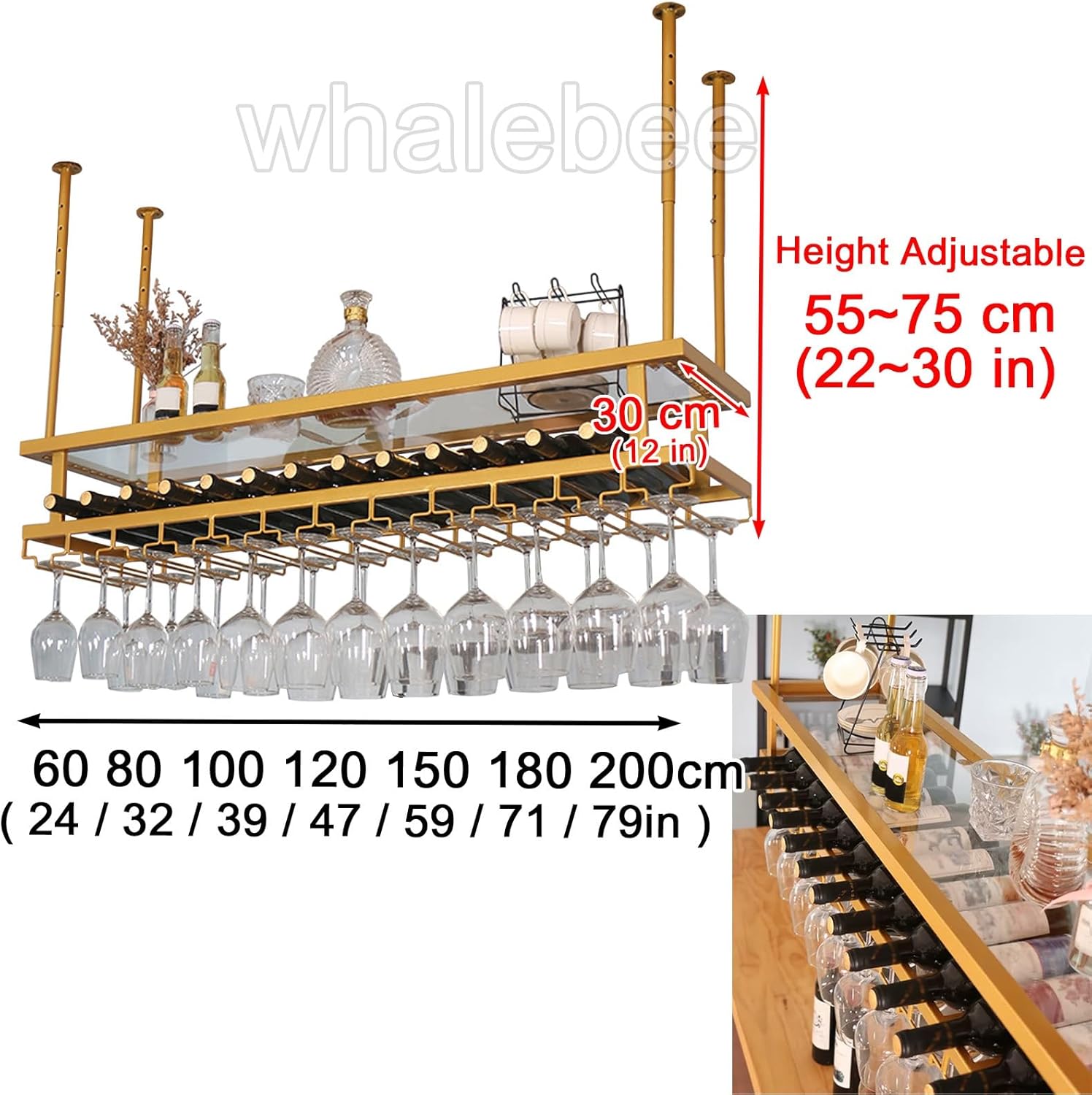 Whalebee Metal Ceiling Wine Rack with 3 Tiers Adjustable Holder
