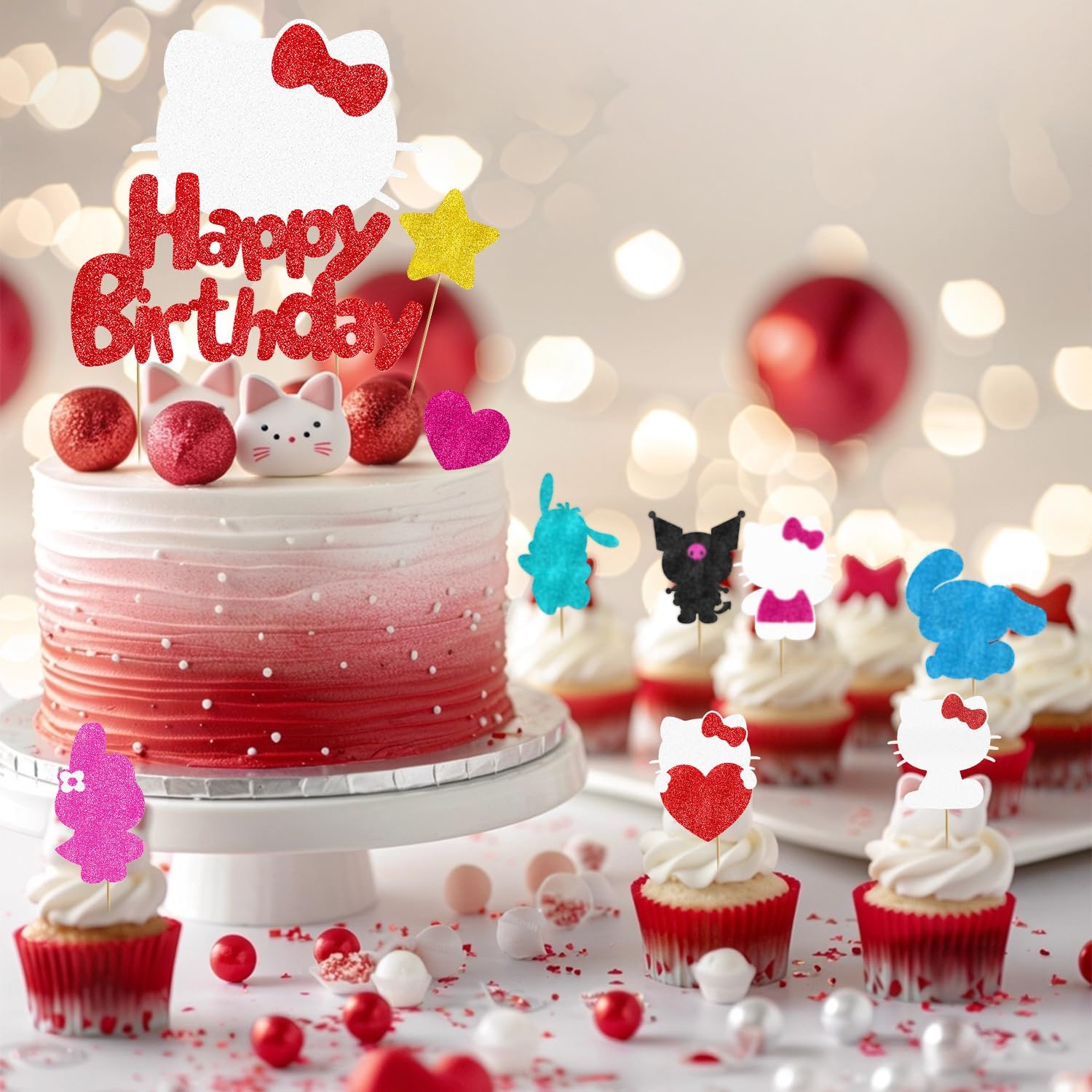 Cute Cat Birthday Cake Toppers 10Pcs Glitter Decor