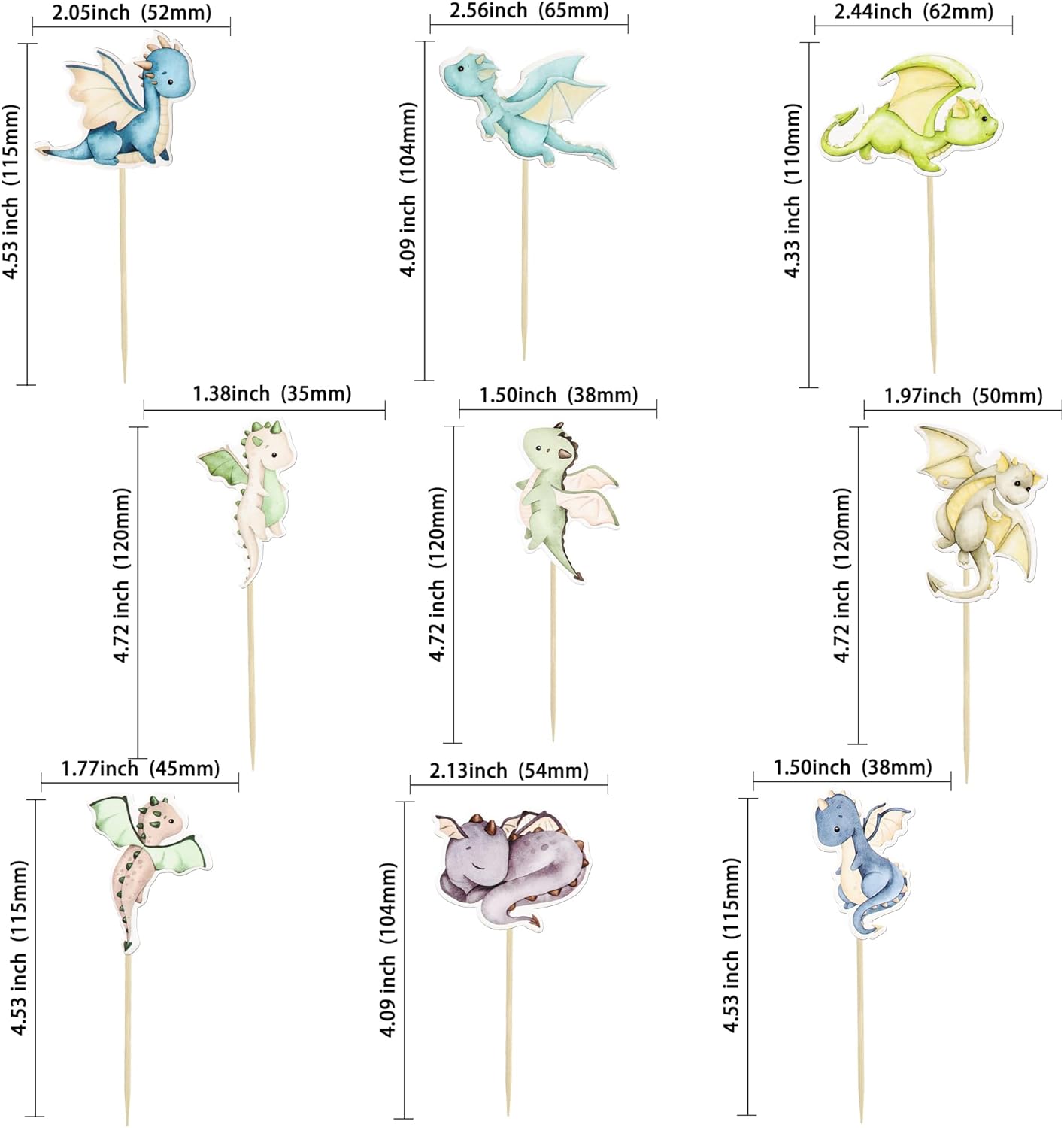 Ephlyn 36Pcs Dragon Cupcake Toppers for Birthday Party