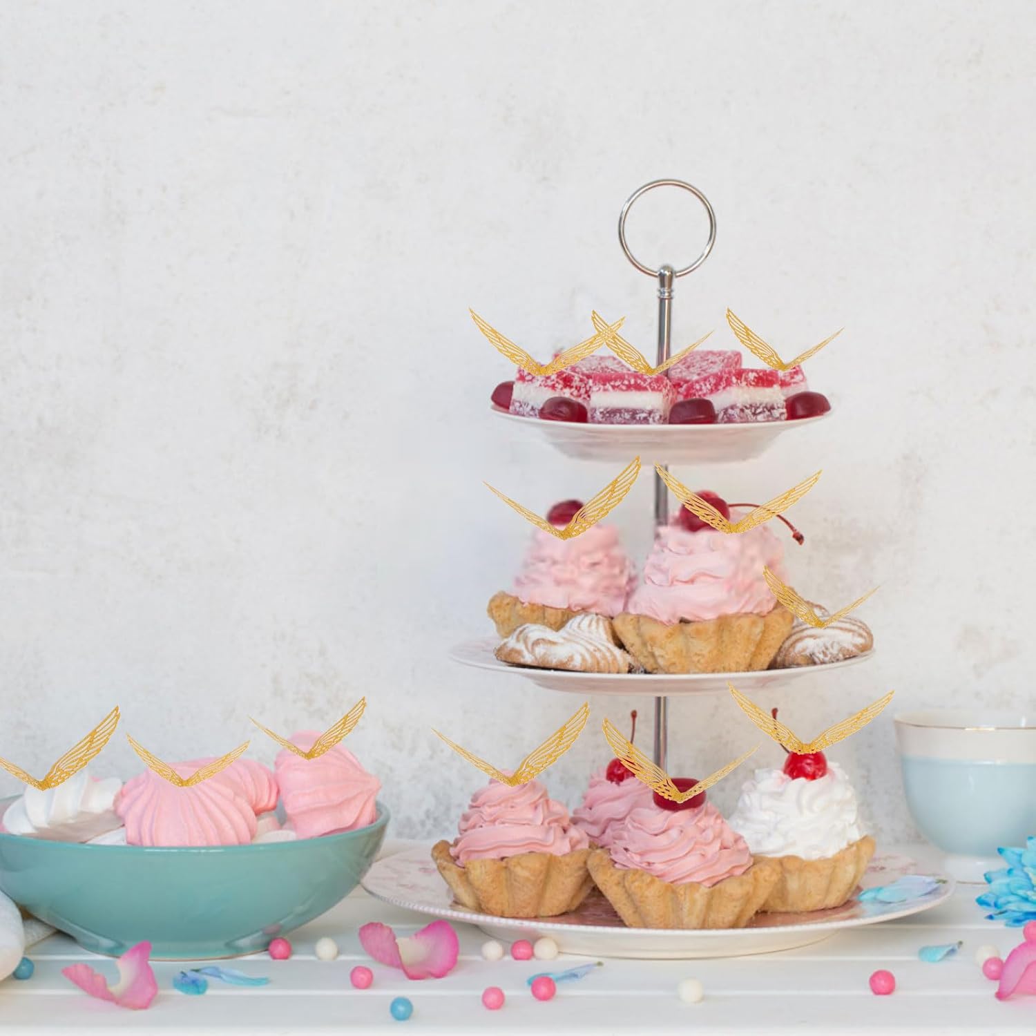 CCINEE 50 Pcs Gold Glitter Wing Cupcake Toppers for Themed Parties