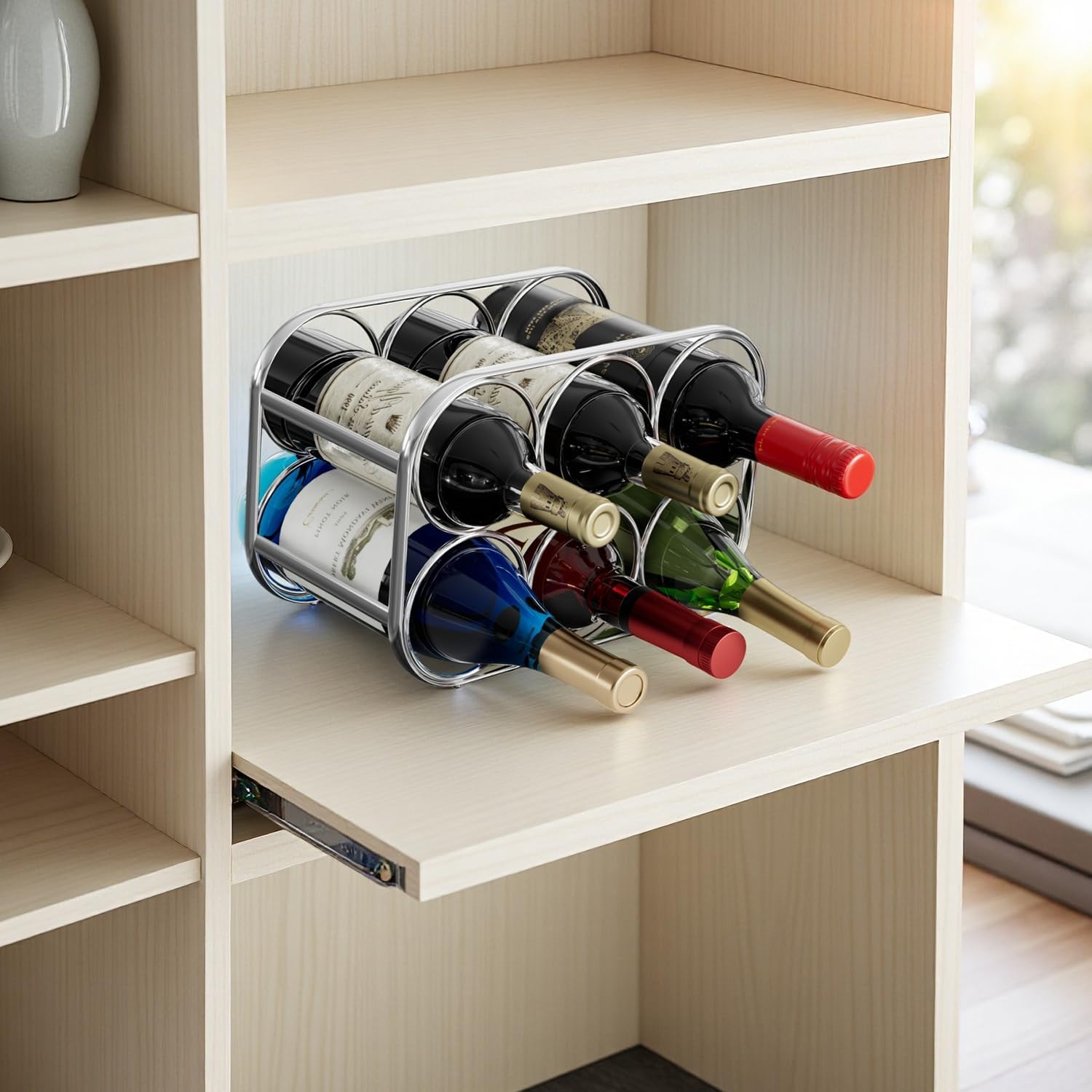 Buruis 6-Bottle Wine Rack Freestanding Metal Silver