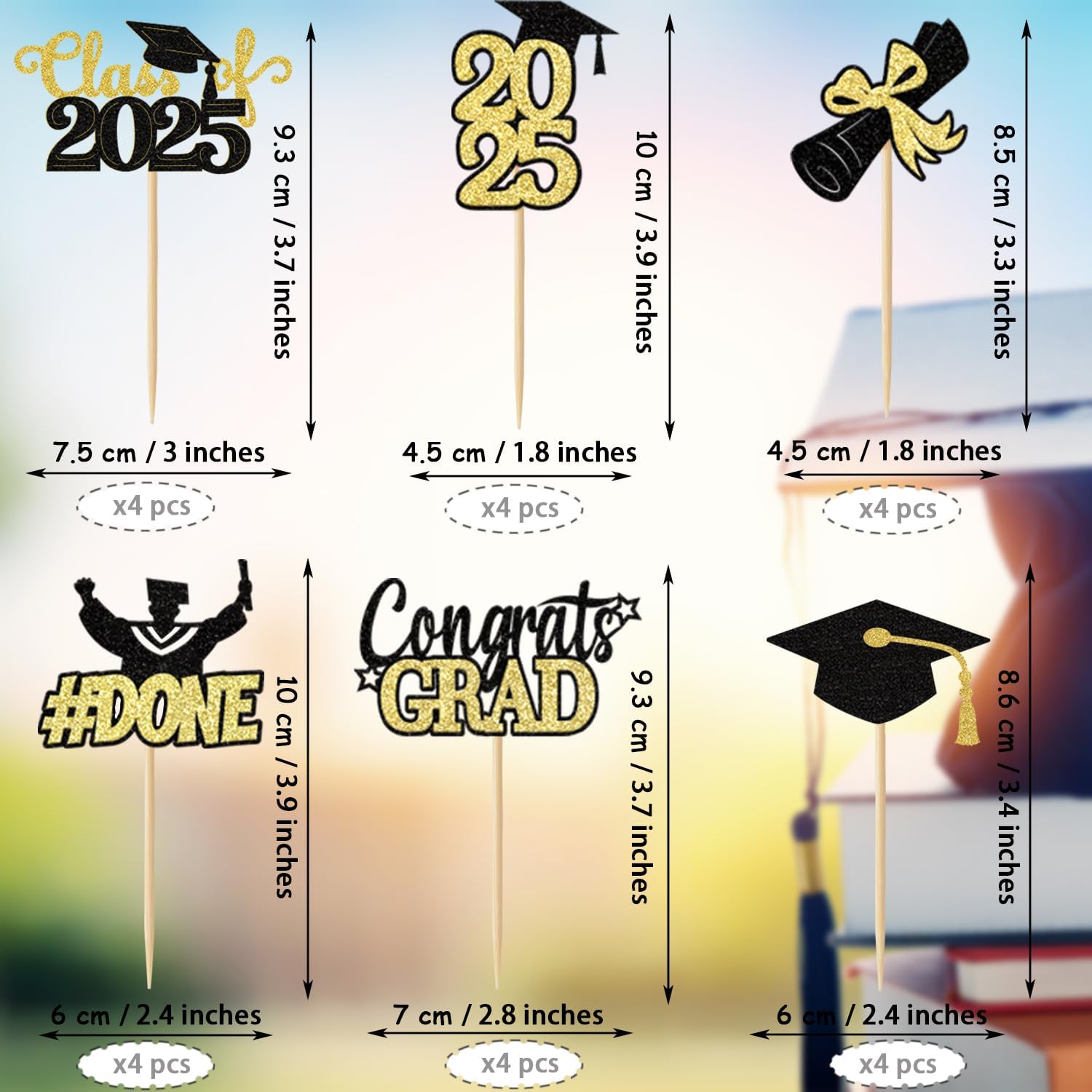 Class of 2025 Graduation Cupcake Topper - 24Pcs Black with Gold