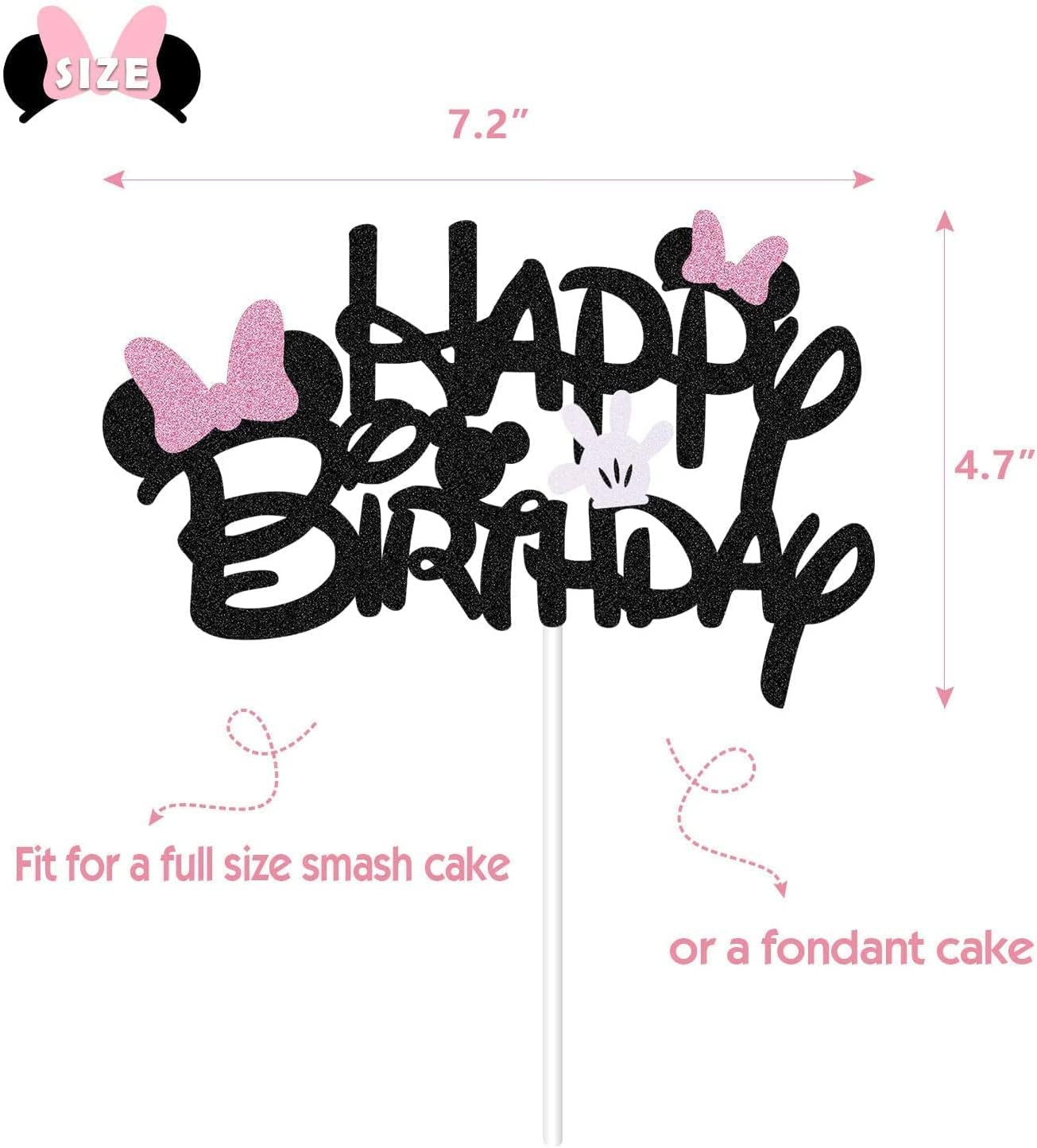 BOGZON Black Glitter Minnie Birthday Cake Topper with Pink Bows and White Gloves