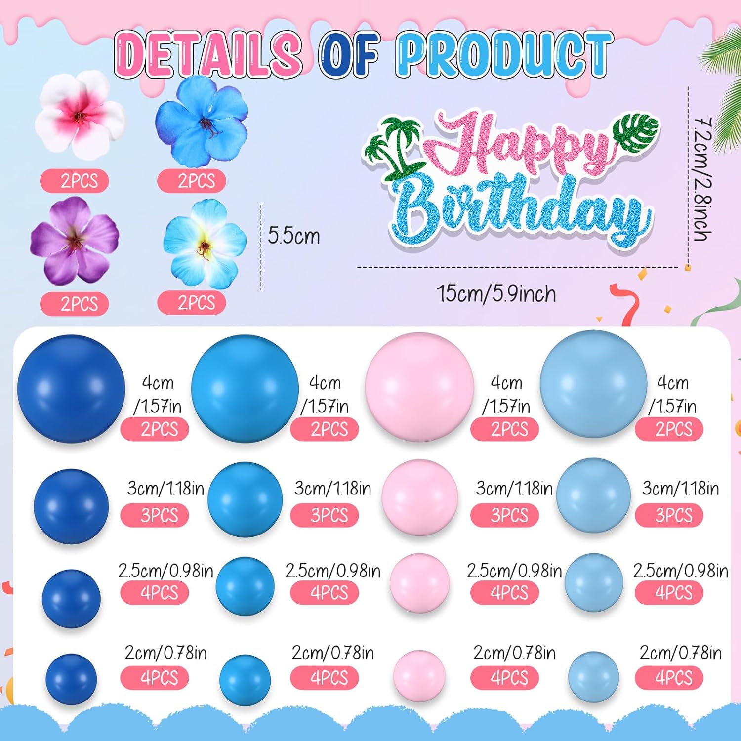 Zeyune 61 Pcs Pink Blue Cake Topper with Balls