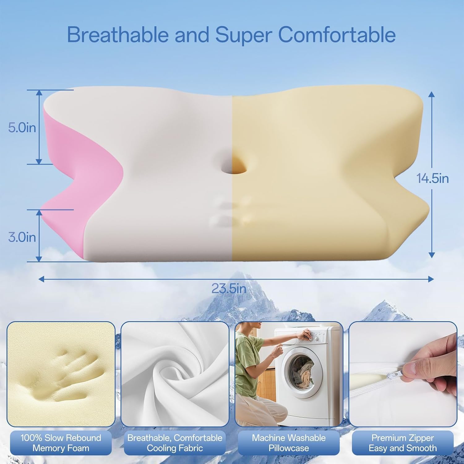 SKYEMAC Pink Contoured Neck Pillow for Back Side Stomach Sleepers