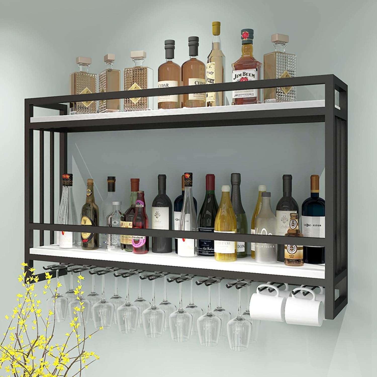 XONJEMU Wall Mounted 2 Layer Wine Rack with Glass Hooks GoldWhite