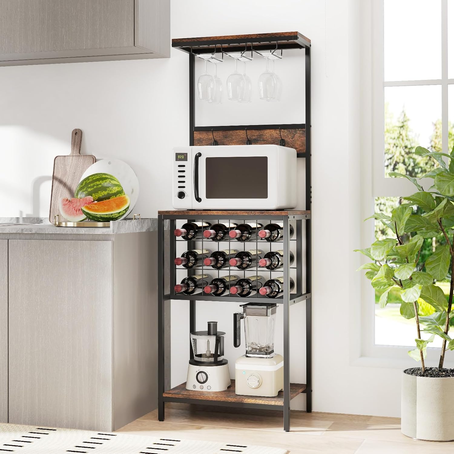GOFLAME Freestanding Wine Rack with Glass Holders and Countertop