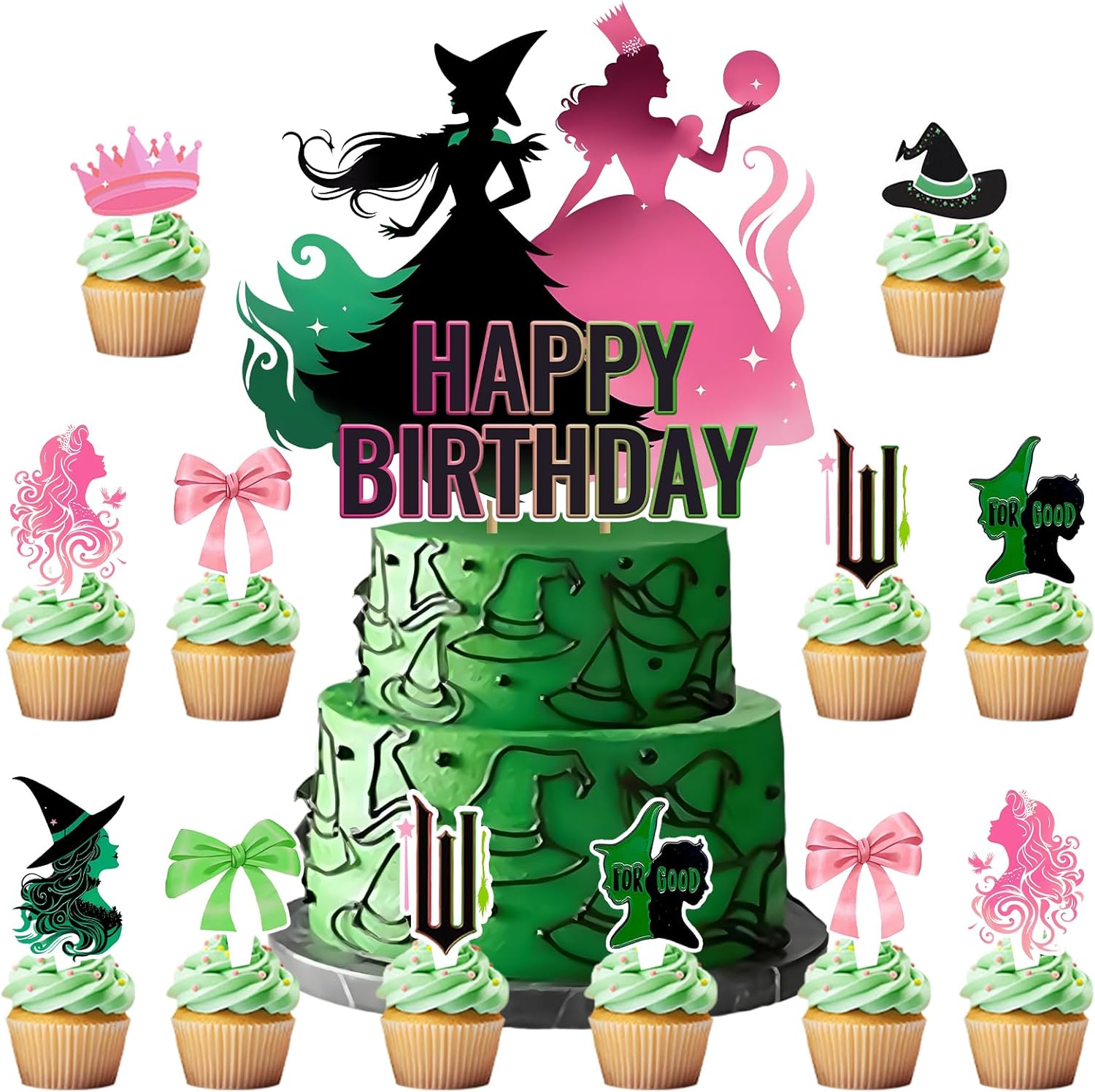 25Pcs Witch Cupcake Toppers Pink Green Party Decorations