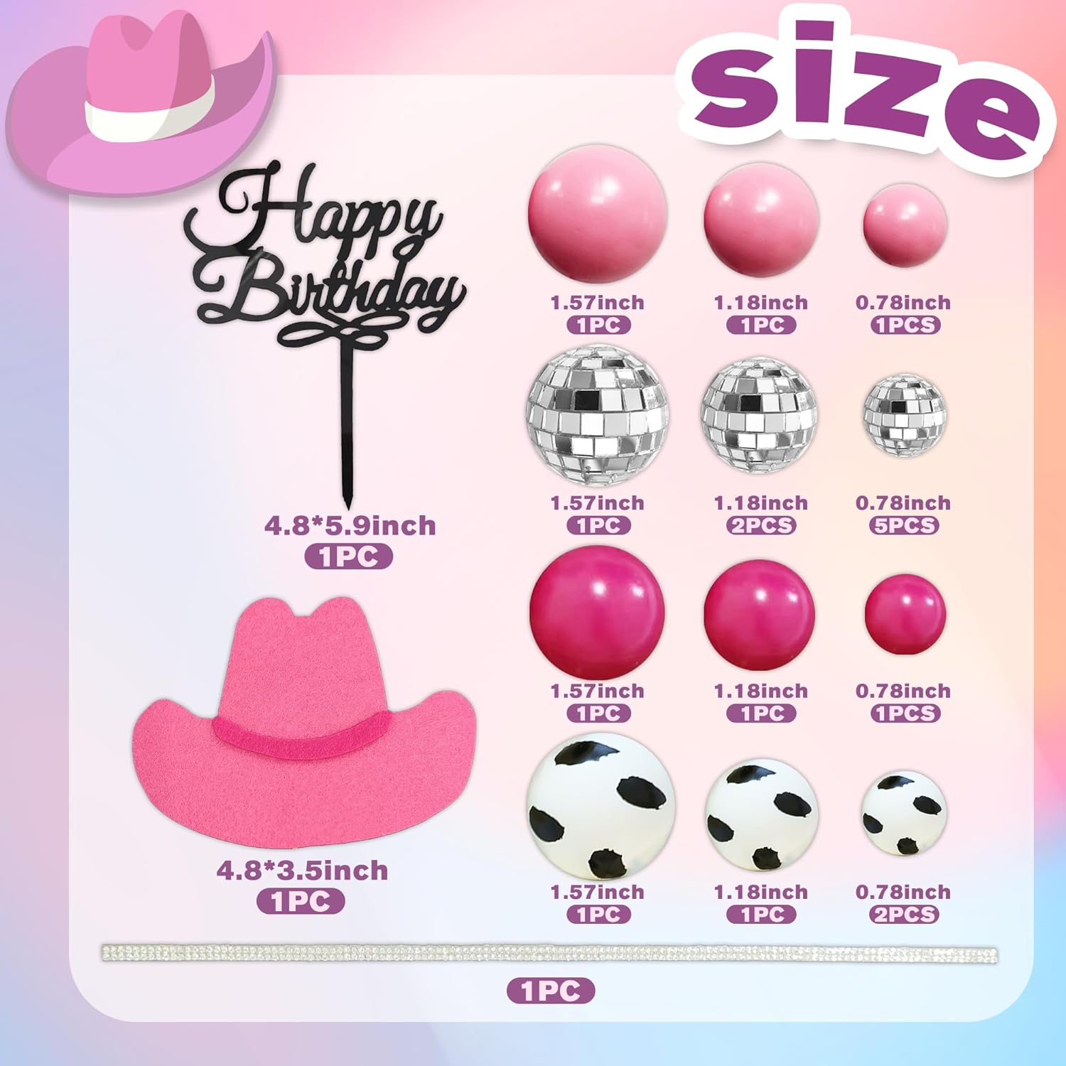 DRWATE Cowgirl Cake Topper with Disco Balls Shiny Hat