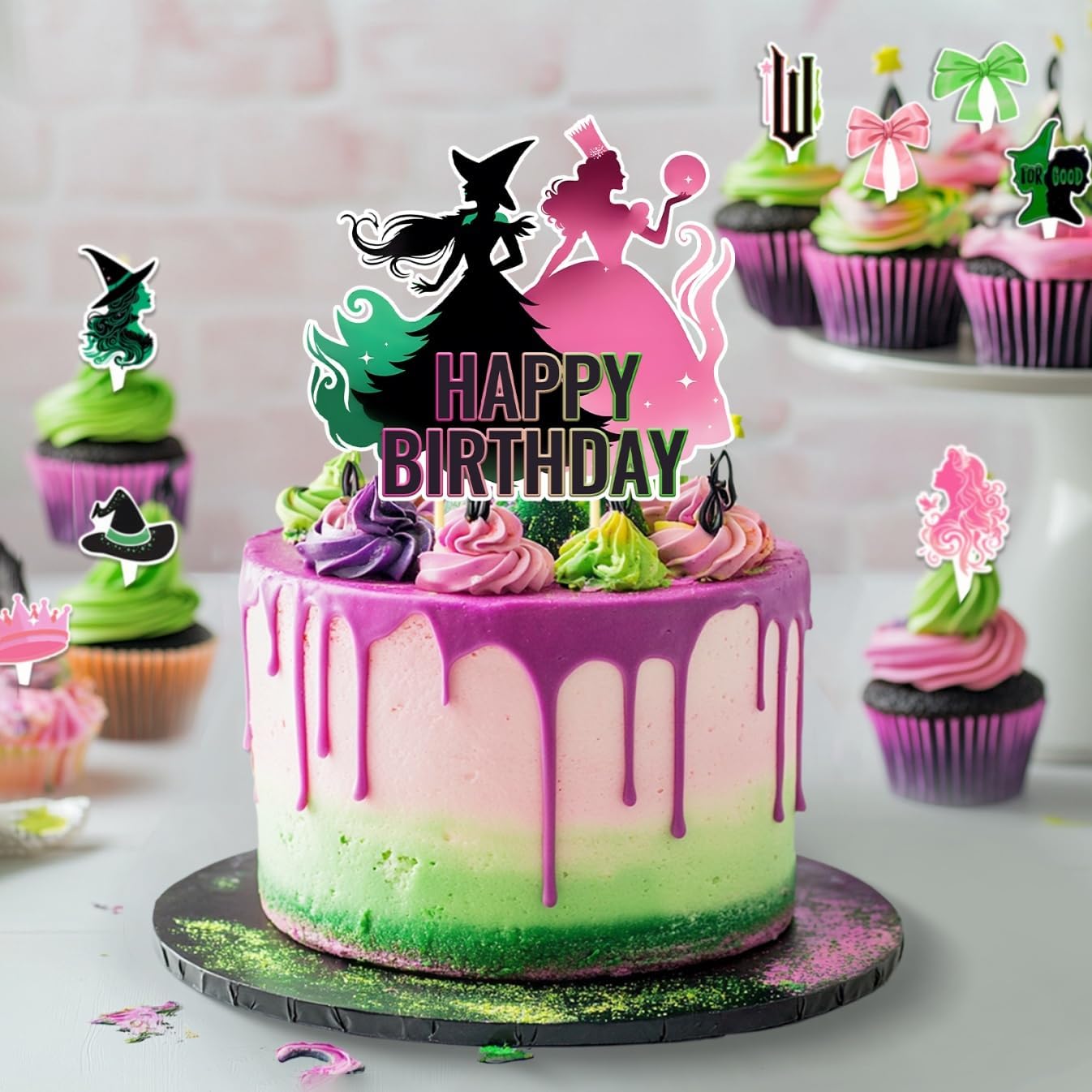 25Pcs Witch Cupcake Toppers Pink Green Party Decorations