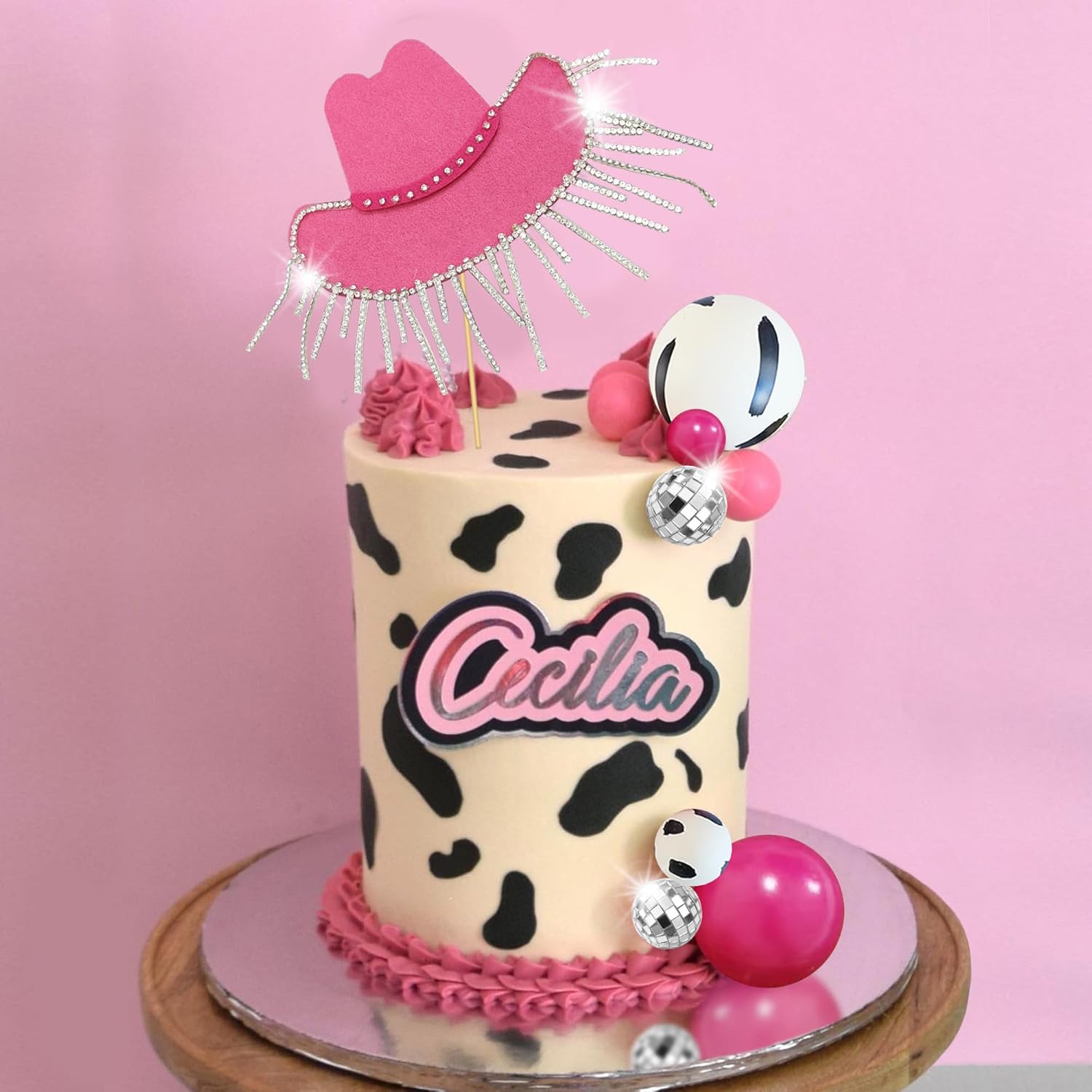 DRWATE Cowgirl Cake Topper with Disco Balls Shiny Hat