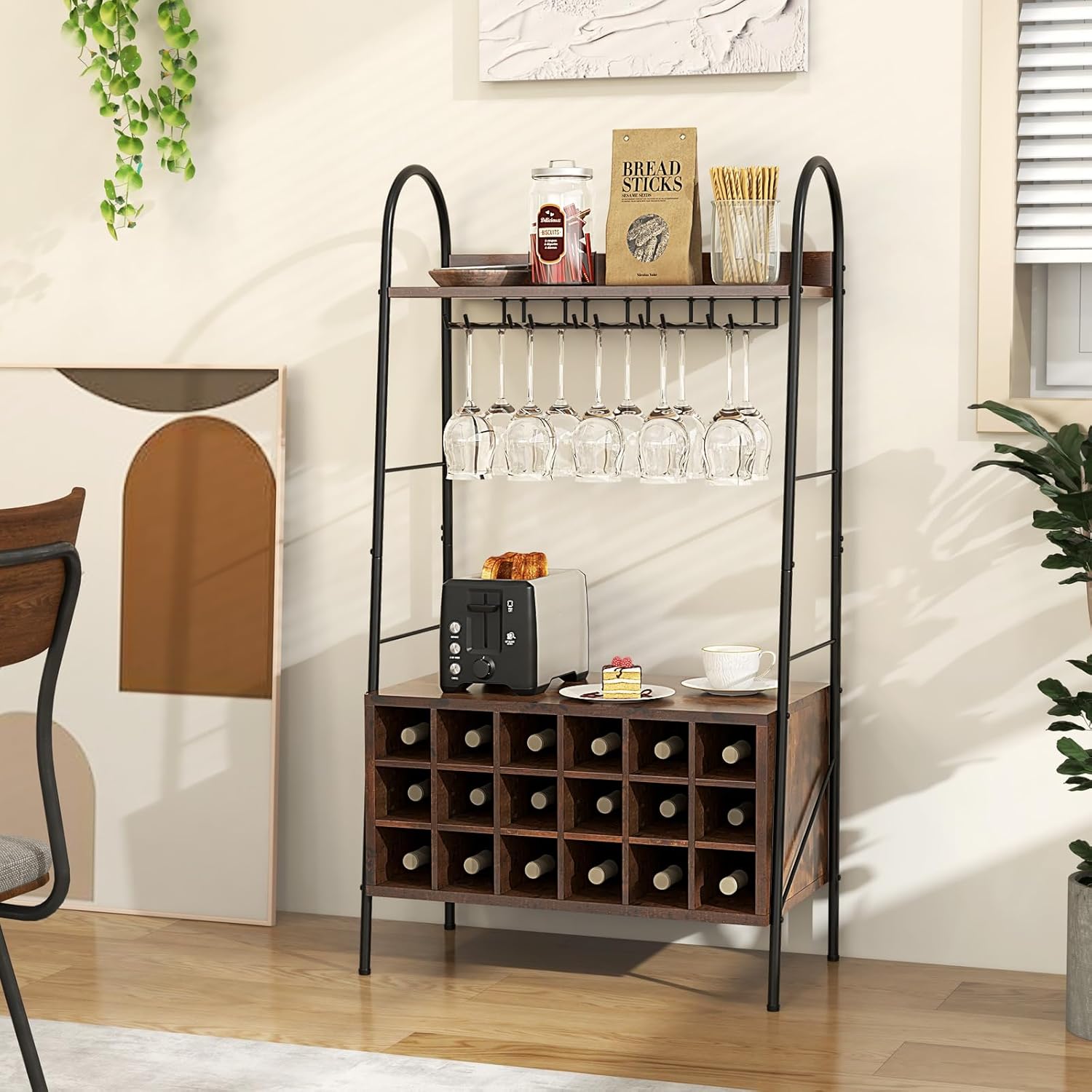 Giantex Freestanding Wine Rack with 15 Glasses Holder and 2 Storage Shelves