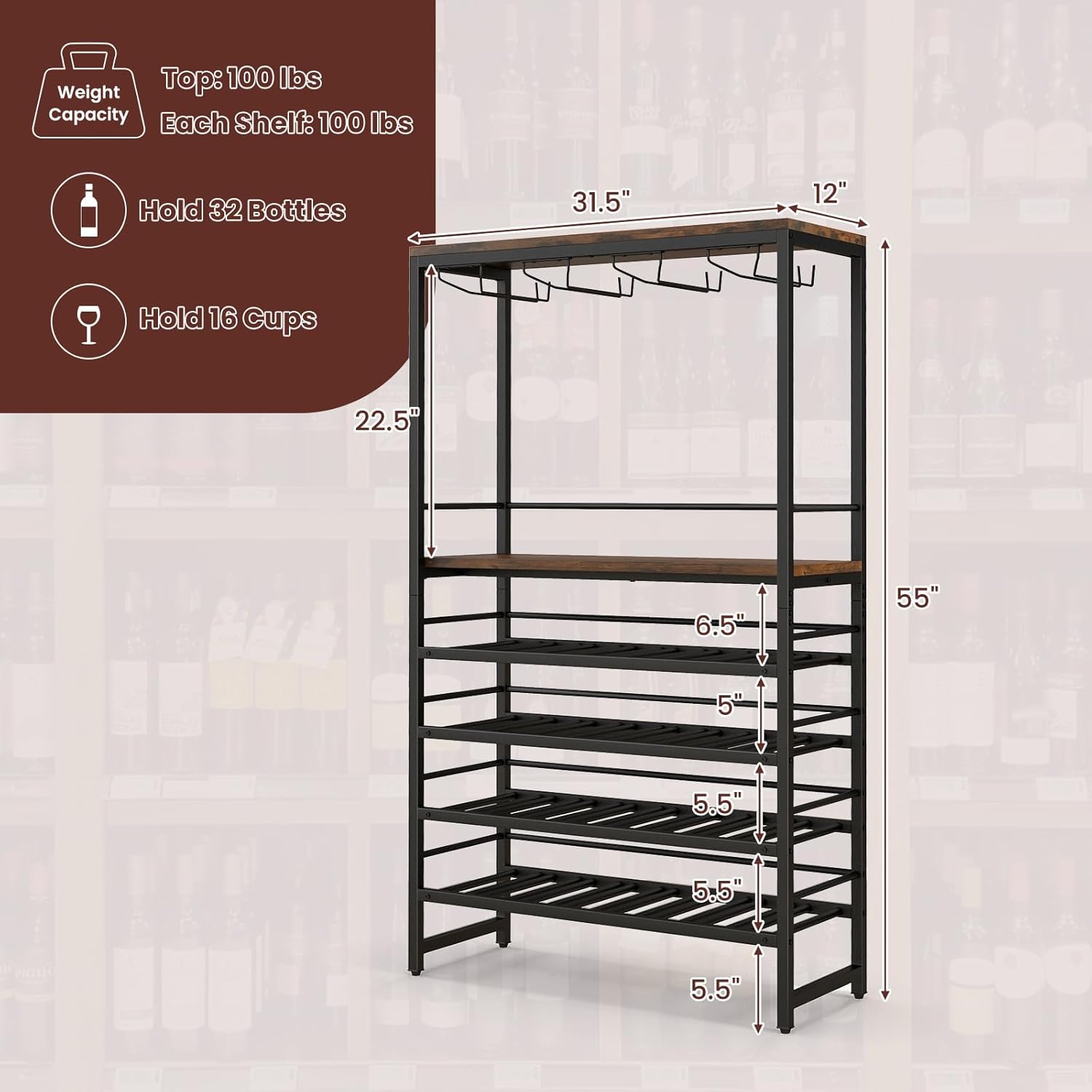 LOKO 4-Tier Freestanding Wine Rack with 32 Bottle Capacity