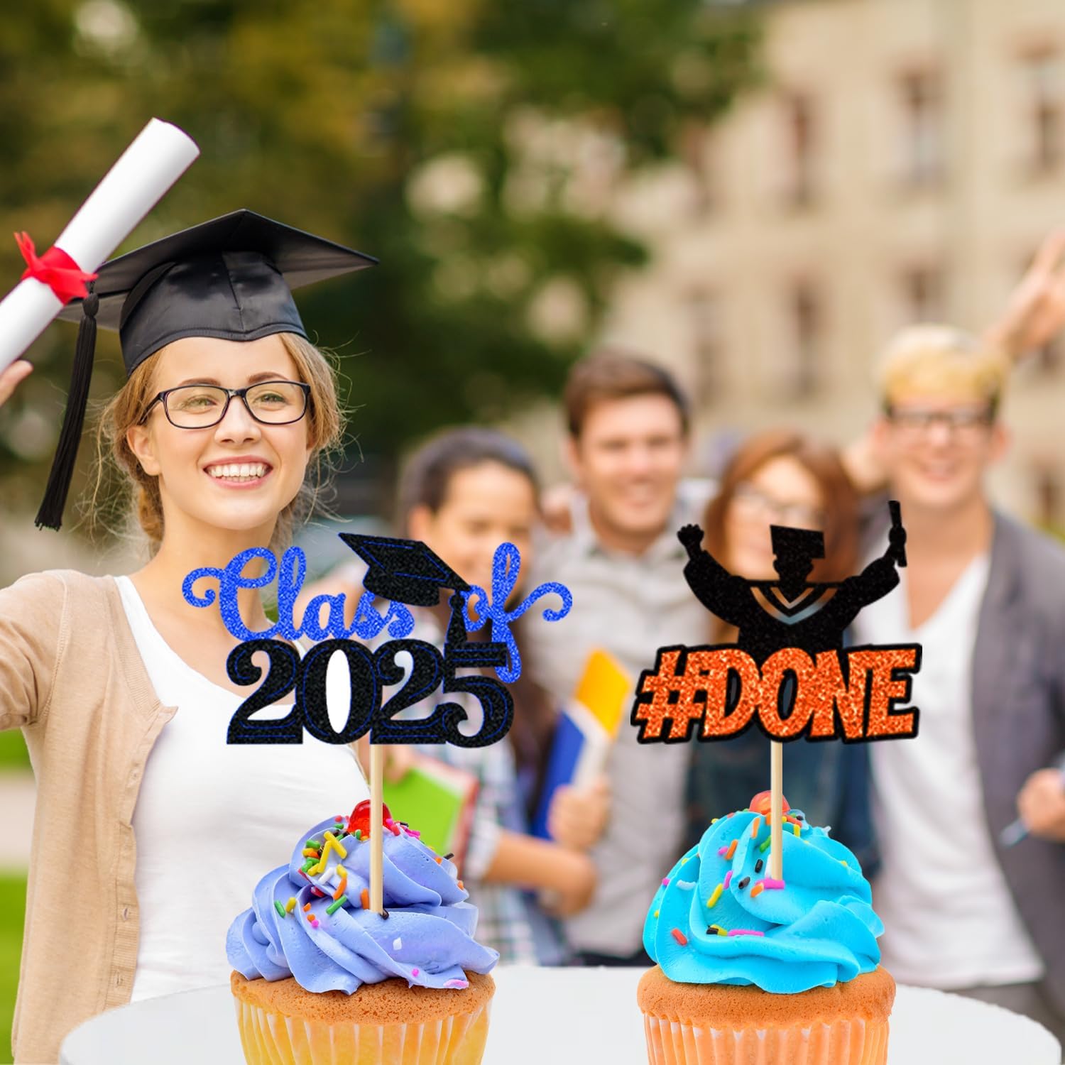 Class of 2025 Graduation Cupcake Topper - 24Pcs Black with Gold