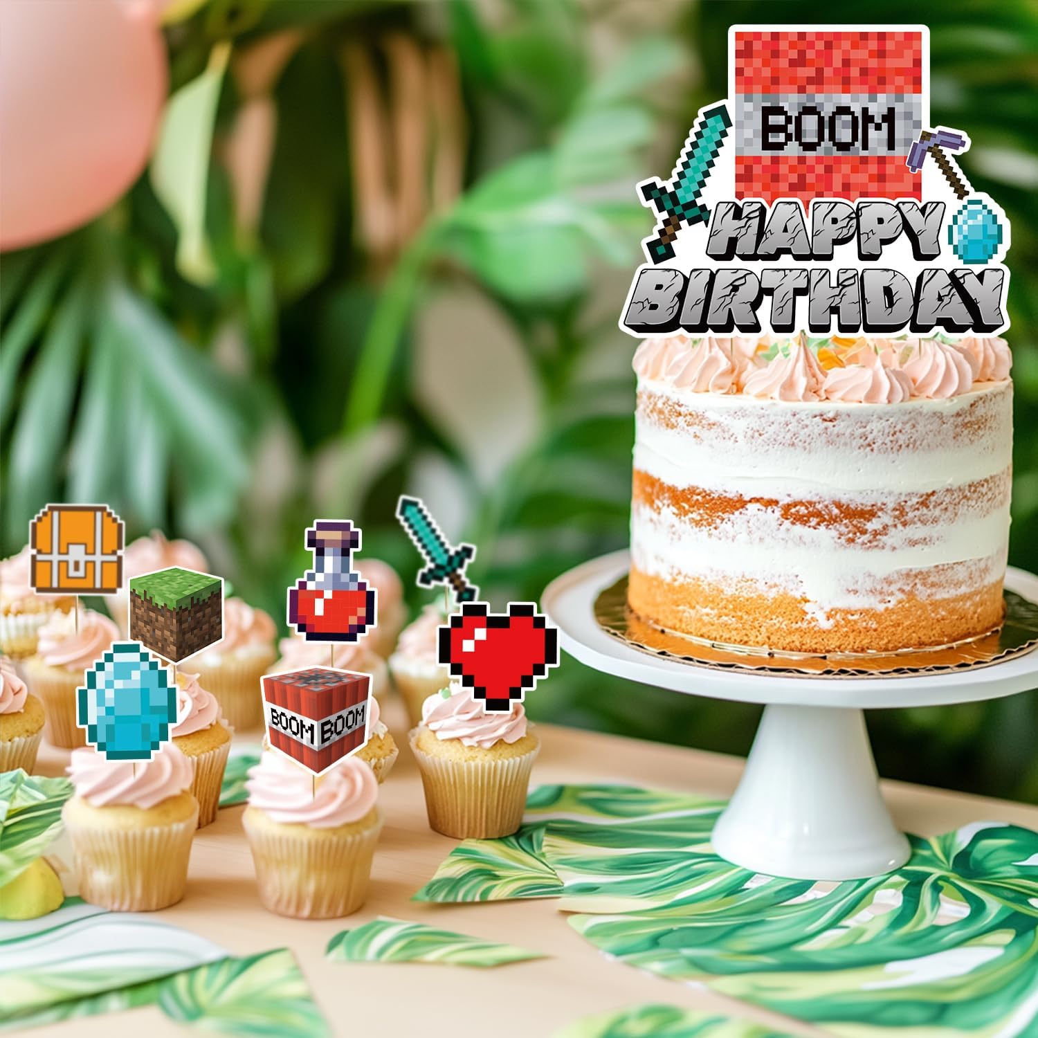 Terkung 9pcs Pixel Cartoon Cake Toppers for Birthday Parties
