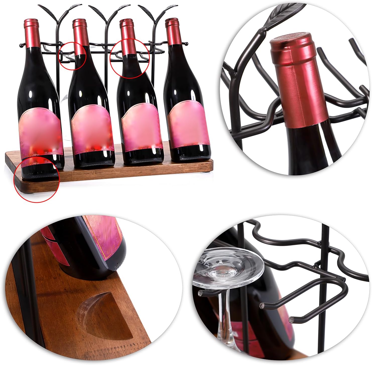 Laxioriew Wood Wine Bottle Holder for 4 Bottles and 4 Glasses