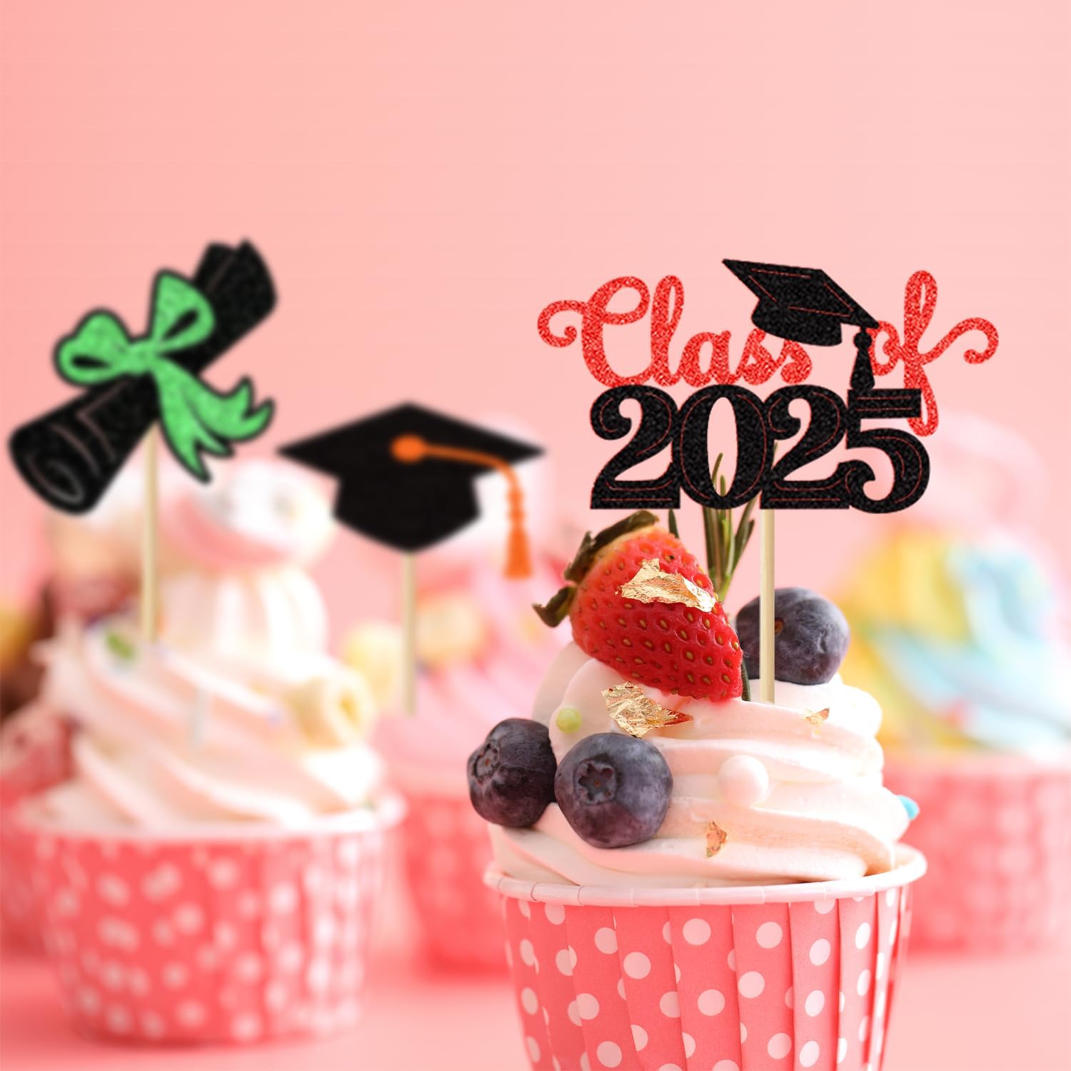 Class of 2025 Graduation Cupcake Topper - 24Pcs Black with Gold