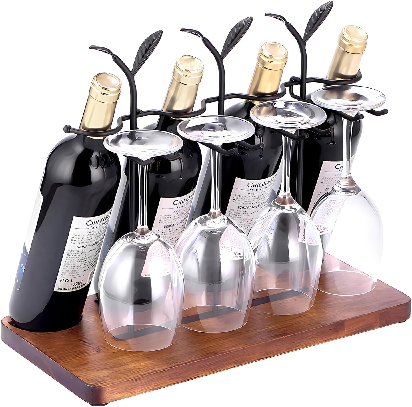 Laxioriew Wood Wine Bottle Holder for 4 Bottles and 4 Glasses