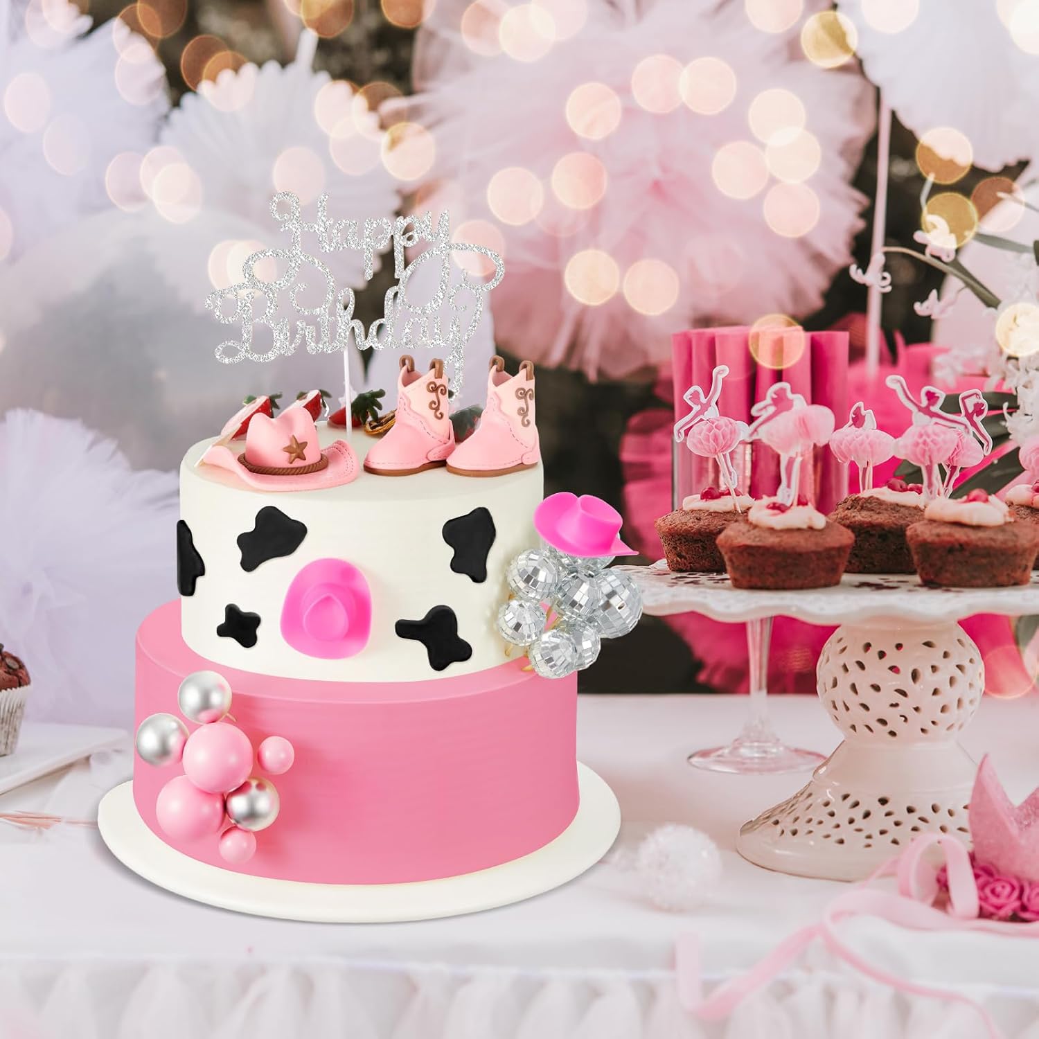 26 Pieces Pink Cowgirl Cake Decorations for Western Party