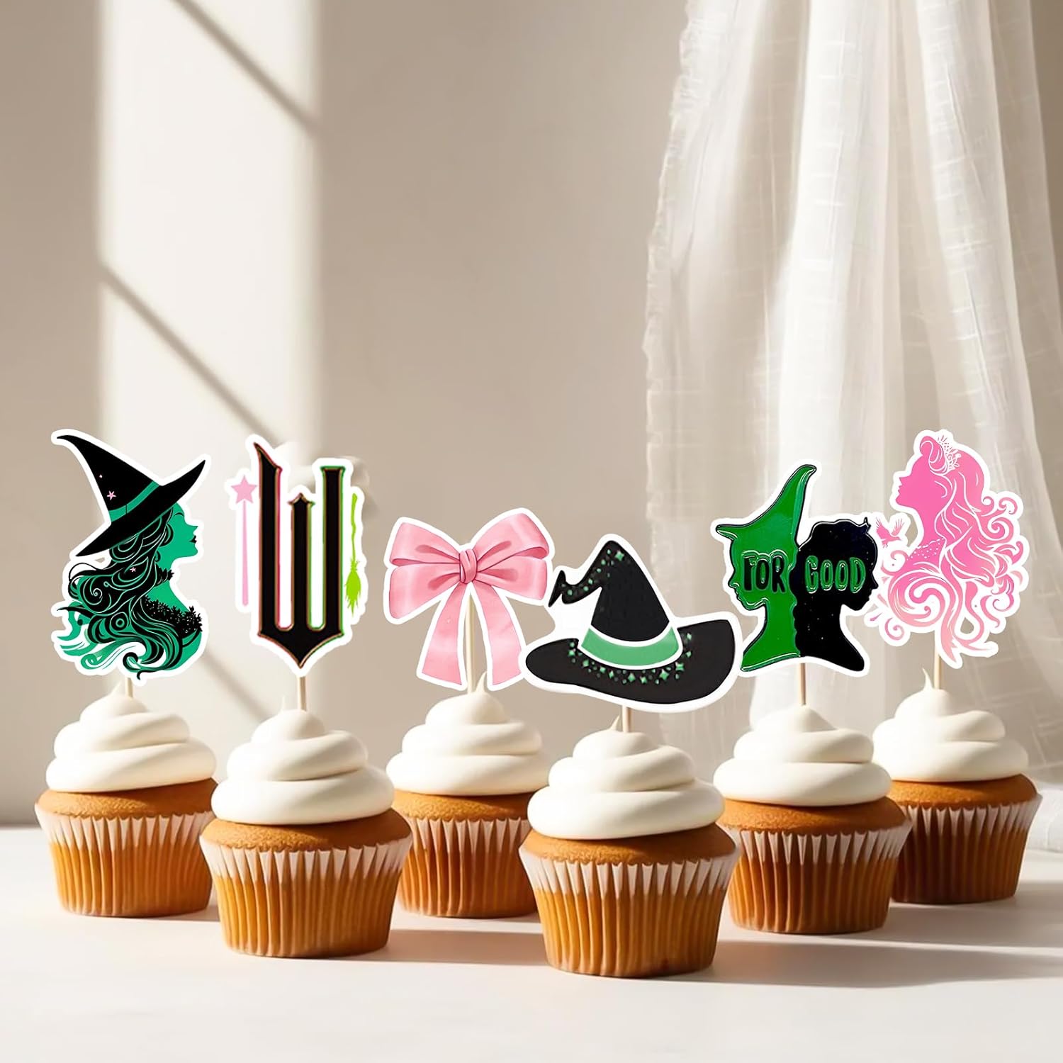 25Pcs Witch Cupcake Toppers Pink Green Party Decorations
