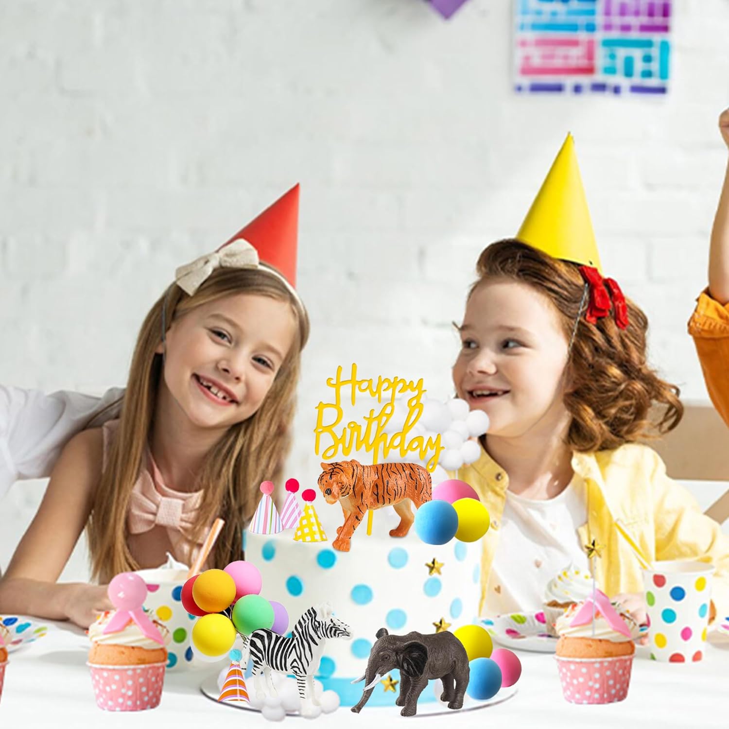 LEFUBABY Safari Animal Cake Toppers with Mini Hats and Balloons 1