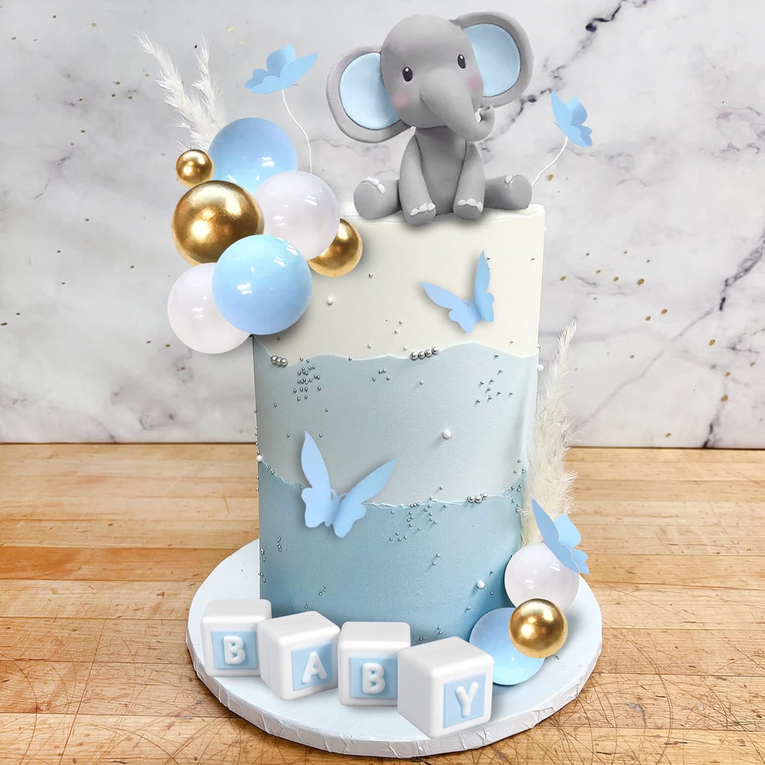 DRWATE Elephant Cake Topper Blue Baby Letter Decorations