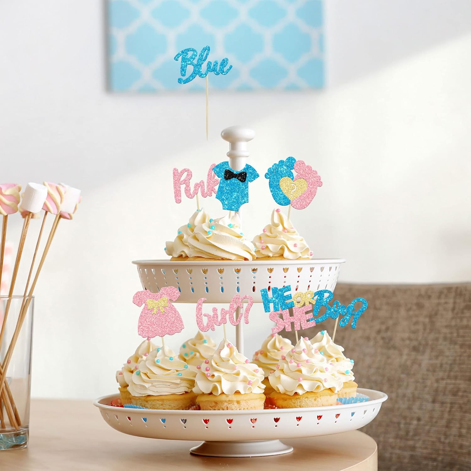24Pcs Glitter Feet Onesie Cupcake Toppers for Gender Reveal