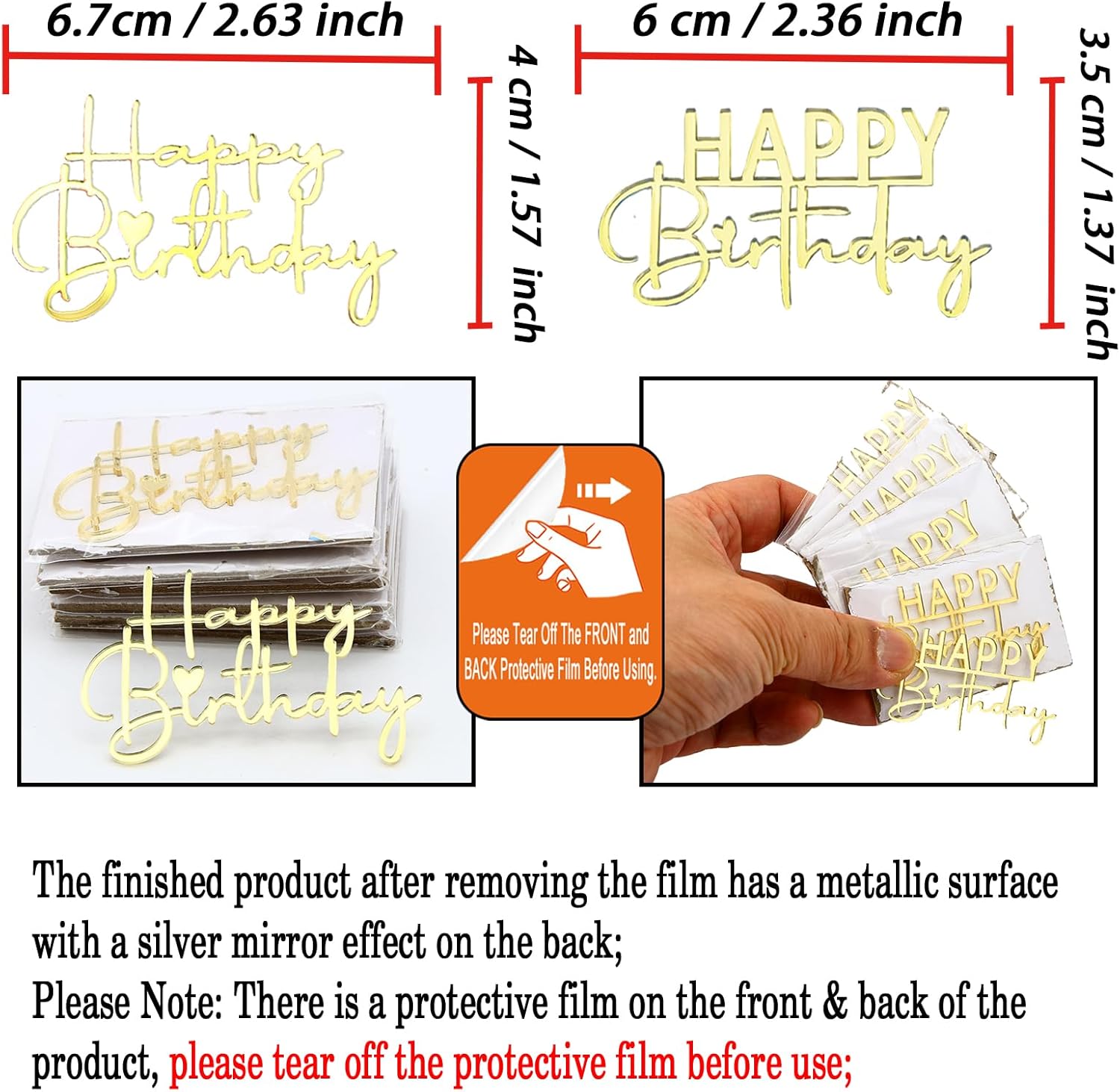 AiQi Bakes Happy Birthday Cake Toppers Gold Mirror Acrylic 12 Pack