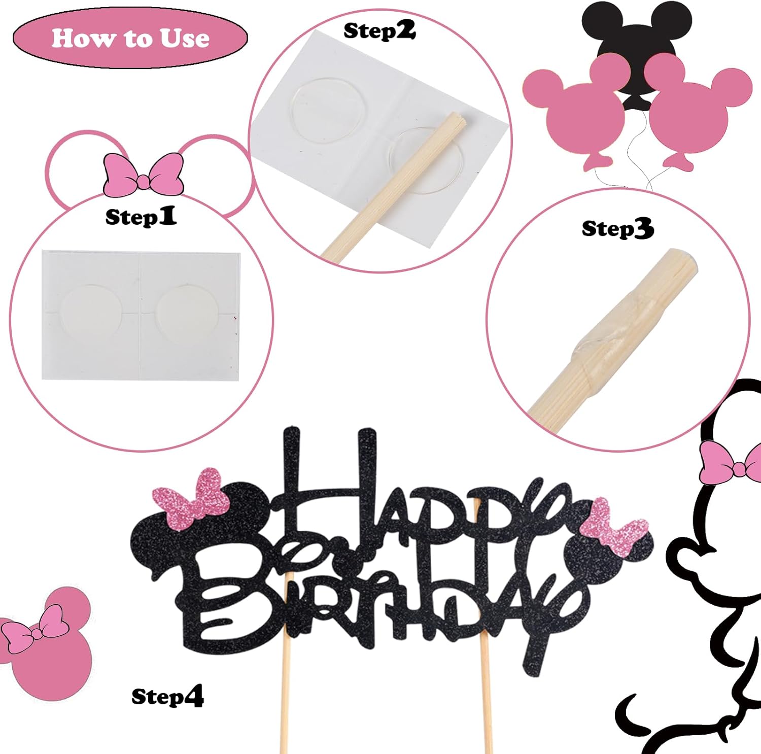 25Pcs Glitter Mouse Cupcake Toppers with Bow