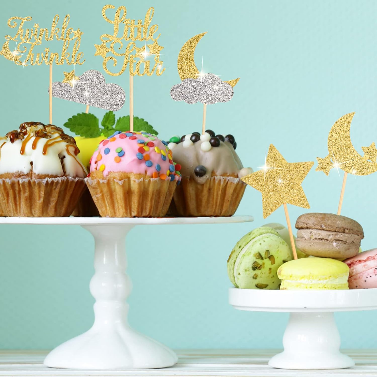48 Pcs Glitter Star Cupcake Toppers Gold Silver 1